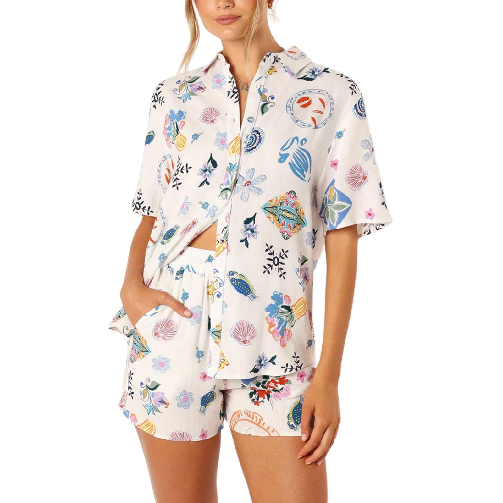 Women's Oversized 2 Piece Outfits Fashion Printed Short Sleeve Button Down Shirt Shorts Co Ord Set Summer Streetwear Beachwear (R-White, M)