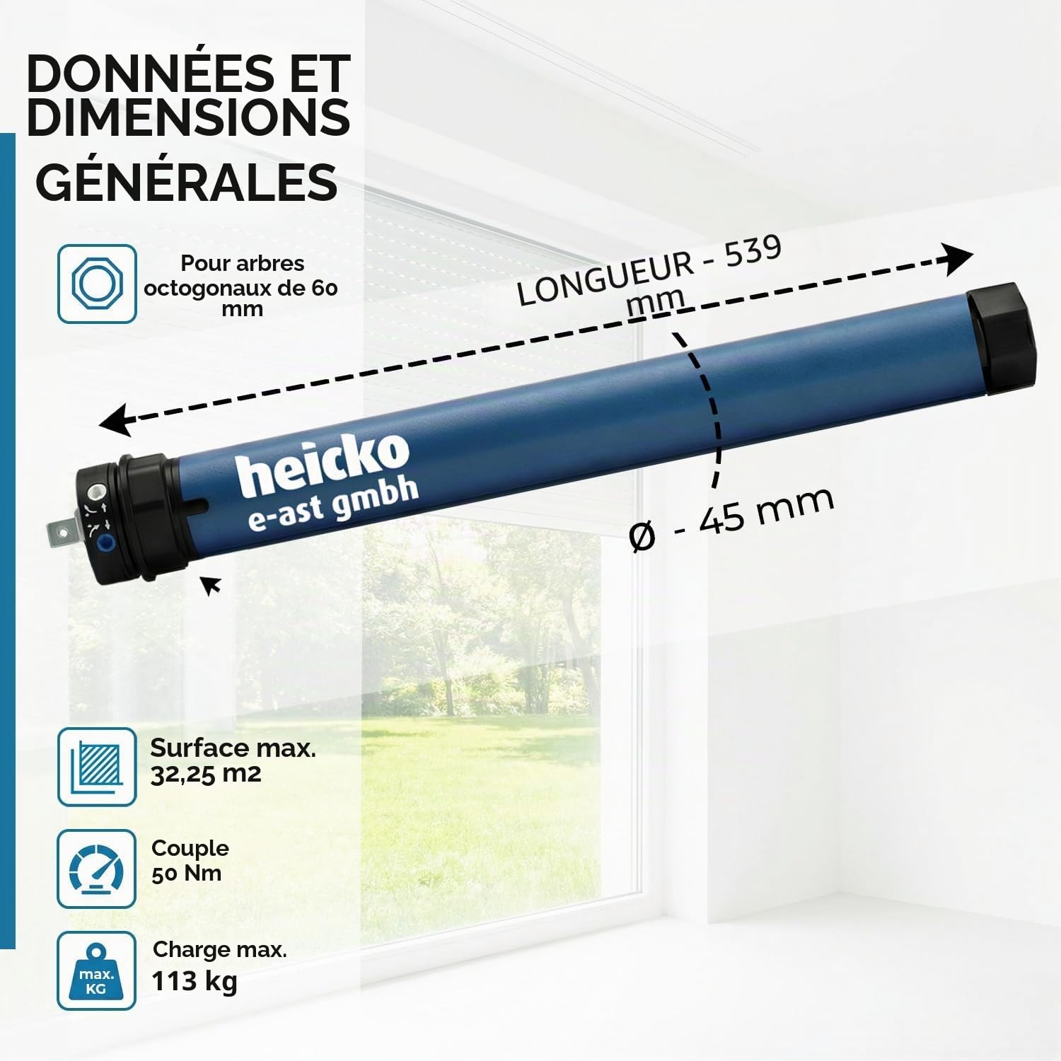 Moteur de volet roulant, 50 Nm, max. 113 kg pour arbre à 8 pans de 60 mm - Interrupteur mécanique (1 pièce)