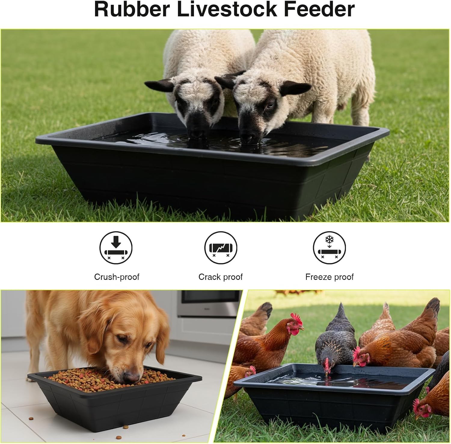 4 Pcs Rubber Feeder Pan,3 Gallon Horse Feed Bucket Utility Feed Bucket,Large Utility Heavy Duty Horse Trough Feeder for Pig Goat Chicken Dogs Farm Small Animal