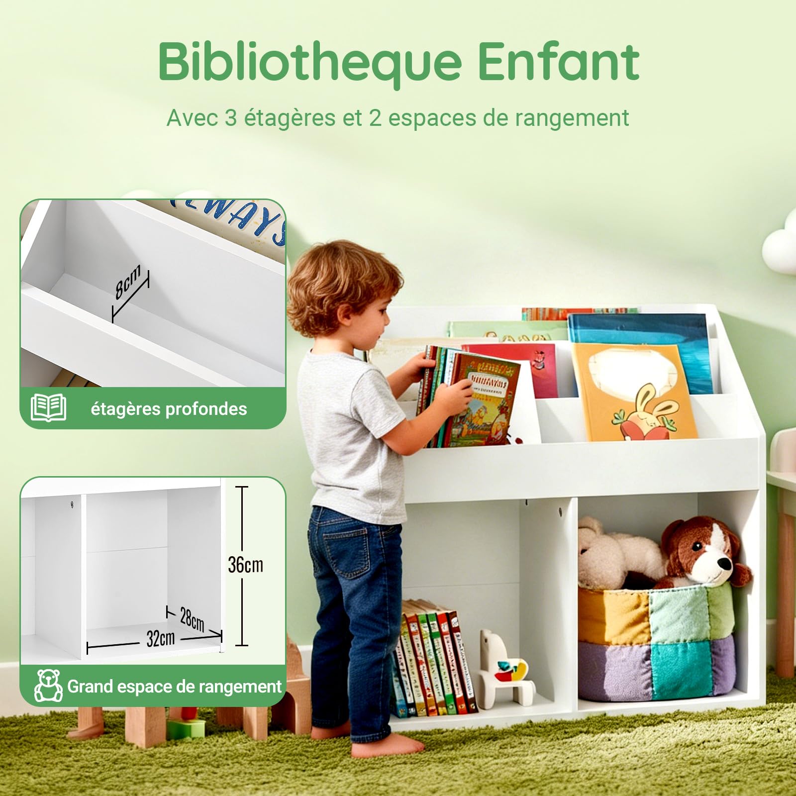 SoBuy Bibliothèque Enfant Rangement Jouet Enfant avec 3 Étagères et 2 Compartiments Ouverts Meuble Rangement Jouet Étagère Bibliothèque Porte-revues Blanc 68x30x68 cm KMB01-II-W