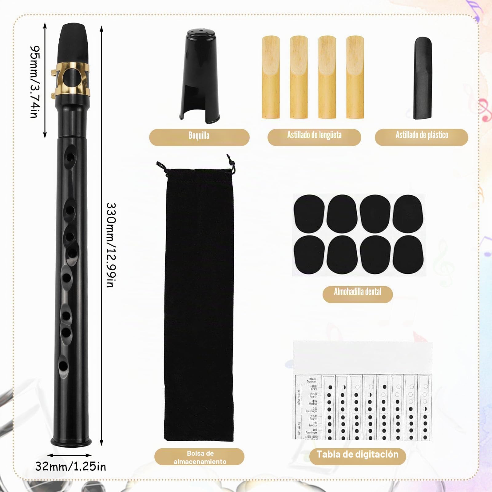 Mini Saxophone Portables Pocket Sax Kit Saxophone de Poche Noir Avec Anche Saxophone Bec Saxo Sac de Transport Coussinet de Dents Tableau Doigtés Instrument de Musique pour Enfant Adulte Débutants