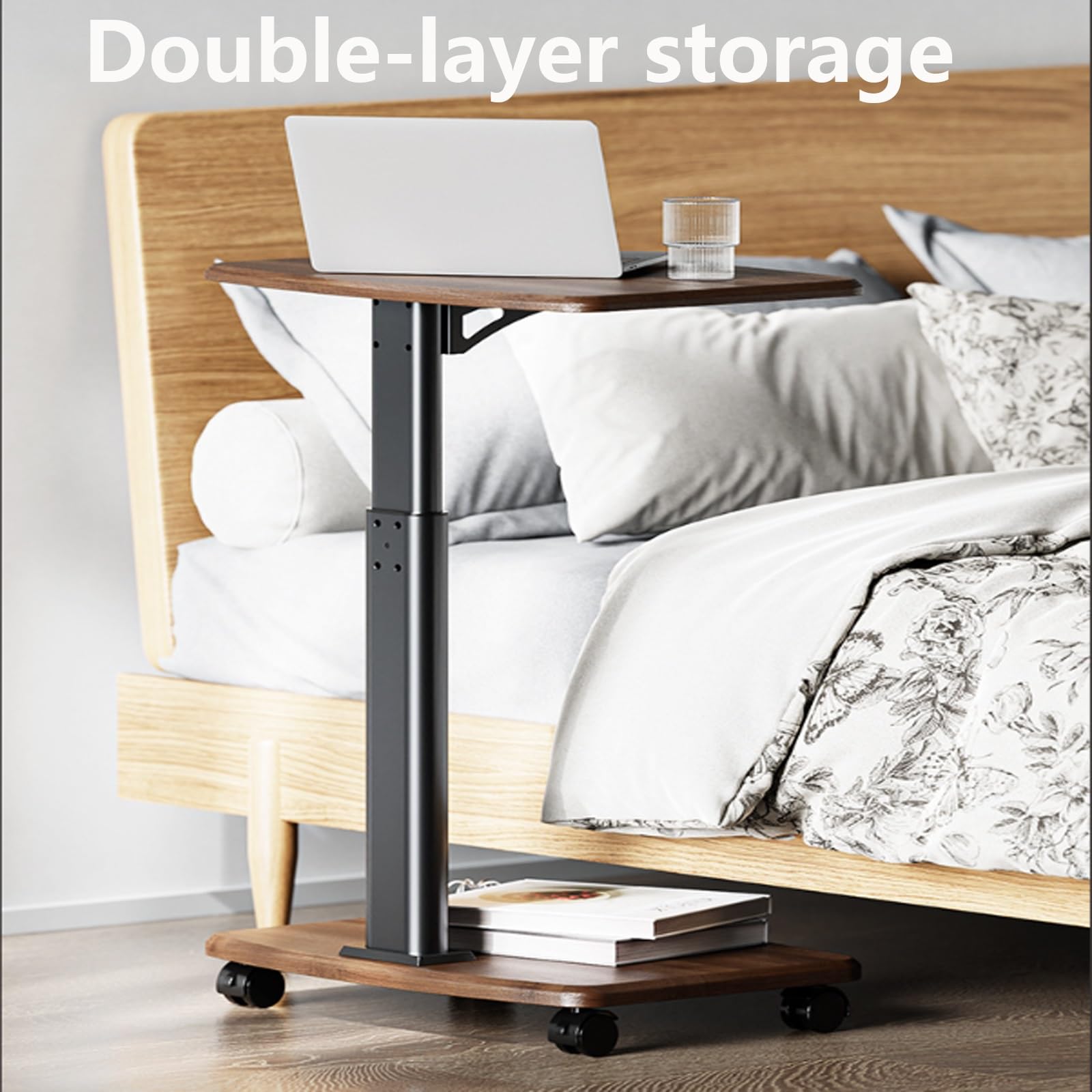 Mesa auxiliar en forma de C de altura ajustable con ruedas giratorias, mesa deslizante debajo del sofá, mesa para sala de estar, dormitorio, espacio pequeño, bandeja de TV moderna