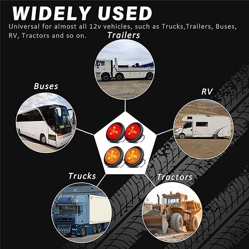 Miniatura 4 de NEW SUN Paquete de 4 luces LED marcadoras de remolque de 2.5 pulgadas, ámbar y rojo, impermeables con diseño reflejo redondo, 4 diodos, ojales de 12