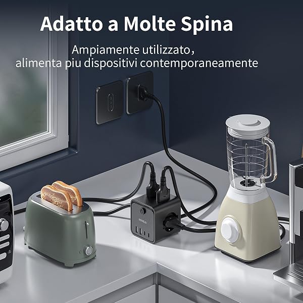Ciabatta Elettrica Multipresa con 4 Prese Universali 10/16A ITA e Schuko, 2 M Prolunga Elettrica con 2 USB A+2 USB C,Presa Multipla Spina Piatta Salvaspazio con Interruttori per Casa, Ufficio Nero - 5