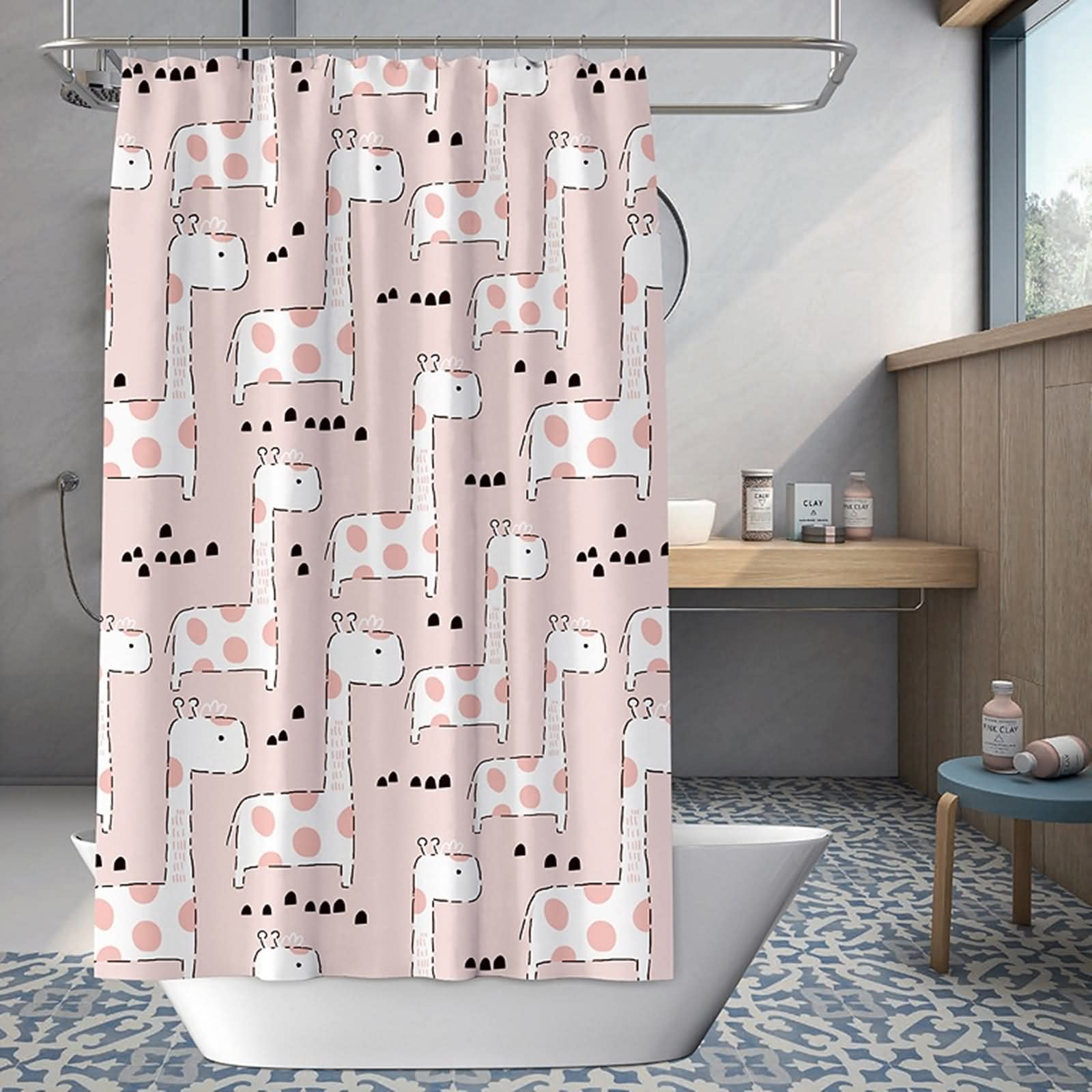 Letnia zasłona prysznicowa, zasłona łazienkowa nowoczesna żyrafa różowa biała poliester 180 x 180 cm wystrój domu łazienka
