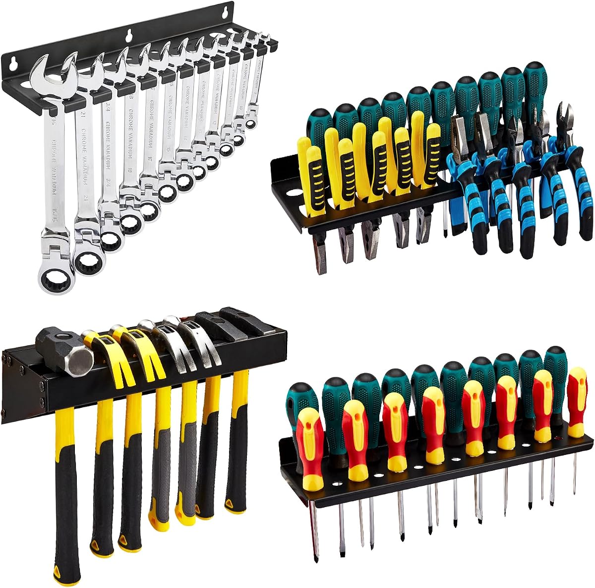 Juego de organizador de herramientas de montaje en pared de 4 piezas, incluye organizador de destornilladores, soporte para llaves de 9 mm a 24 mm, soporte para alicates, estante para martillo, almacenamiento de herramientas manuales de acero galvanizado para taller, cobertizo, garaje, hogar