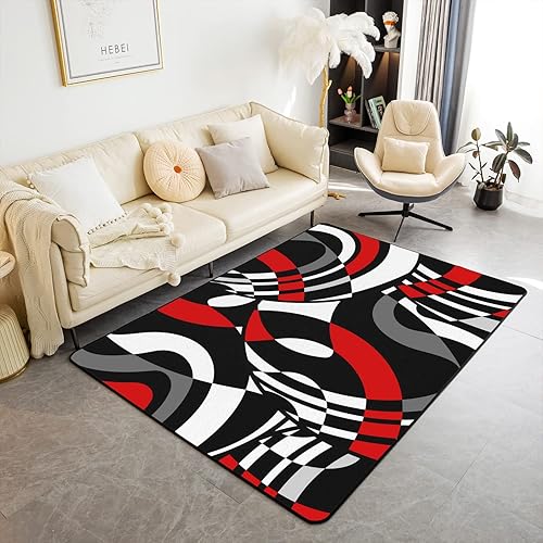Castle Fairy Alfombra abstracta 3D a cuadros de 5 x 6 pies 6 pulgadas, rojo, negro, gris, blanco, geometría, remolinos, para adolescentes, adultos,