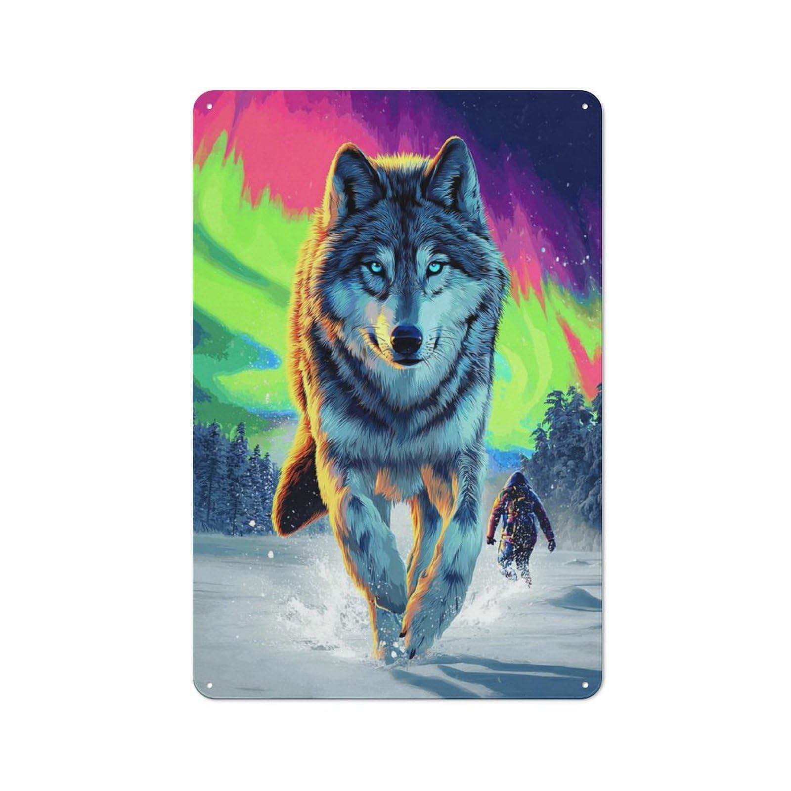 Junmoney Wolf In Aurora Night Printed Metal Sign 30X20cm For Hobby Room Or Studio, For Creative Interior Collectors