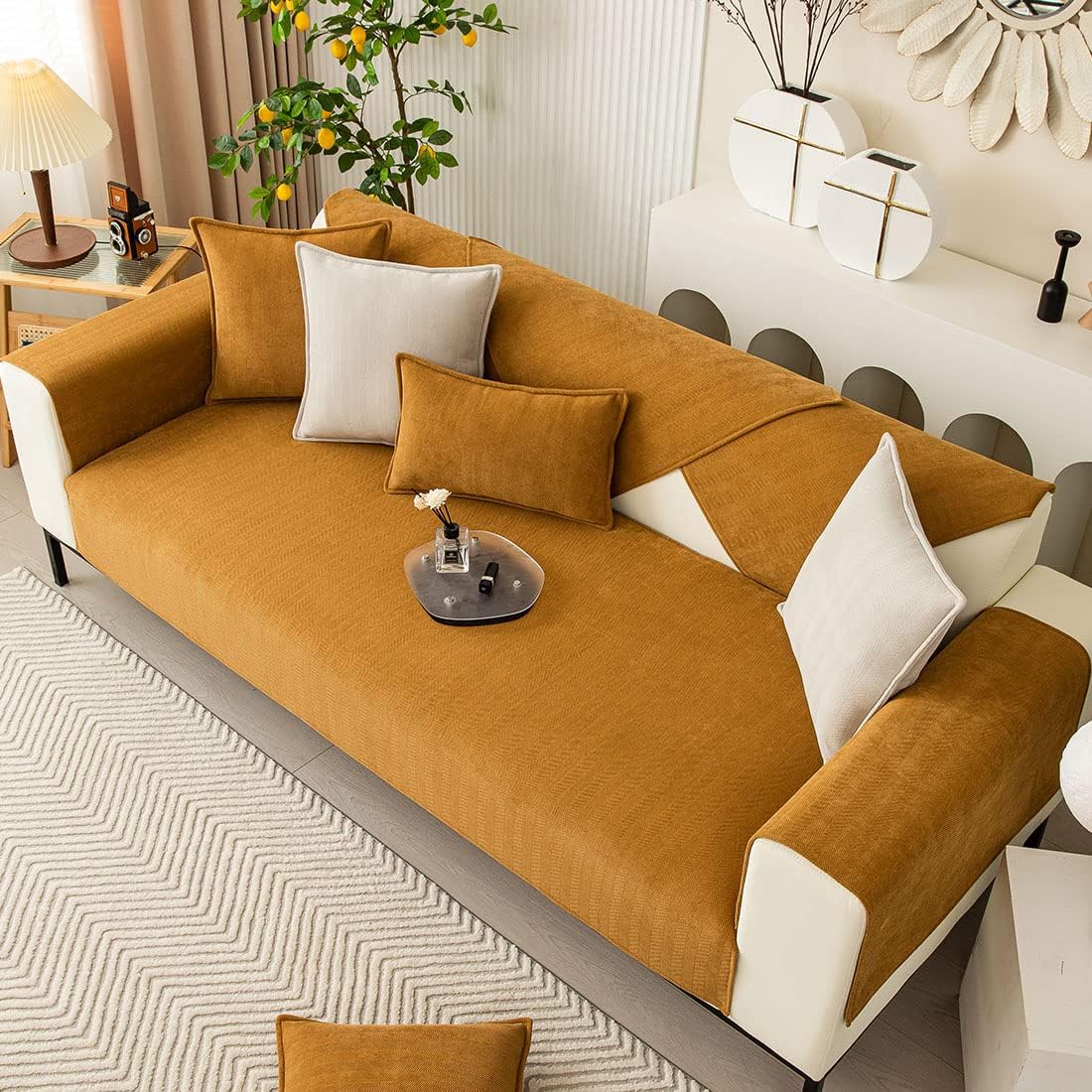 vctops Farmhouse Chevron Stripe Sofa Slipcover Furniture Protector Solid Color Sectional Couch Cover Non Slip Soft Sofa Cover for Dogs, Cats, Children, Pets (Dark Orange,43"x63")