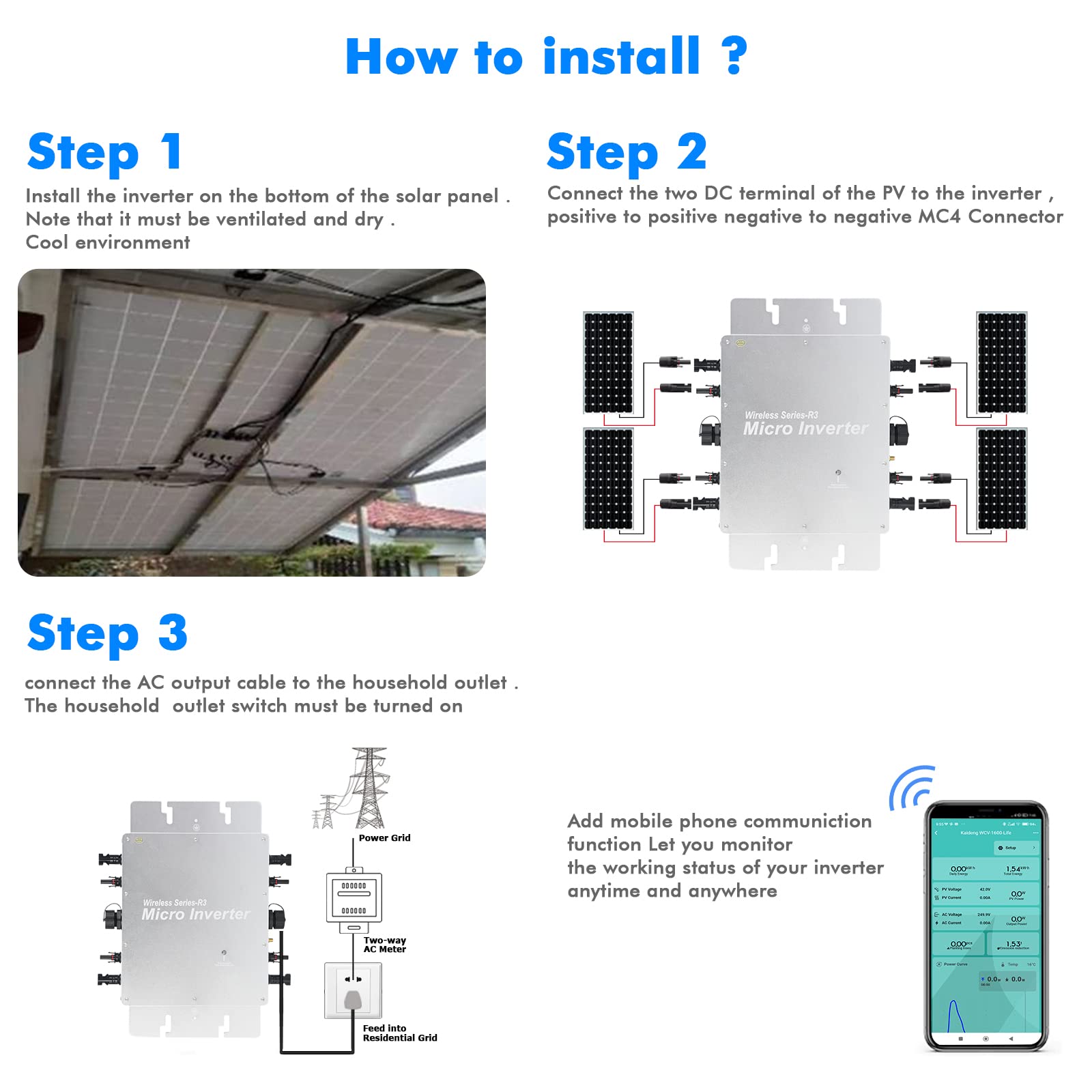 Micro Inverter Micro Solar Inverter MPPT Grid Tie Converter con sistema di monitoraggio del telefono cellulare WiFi(WVC-1600W)