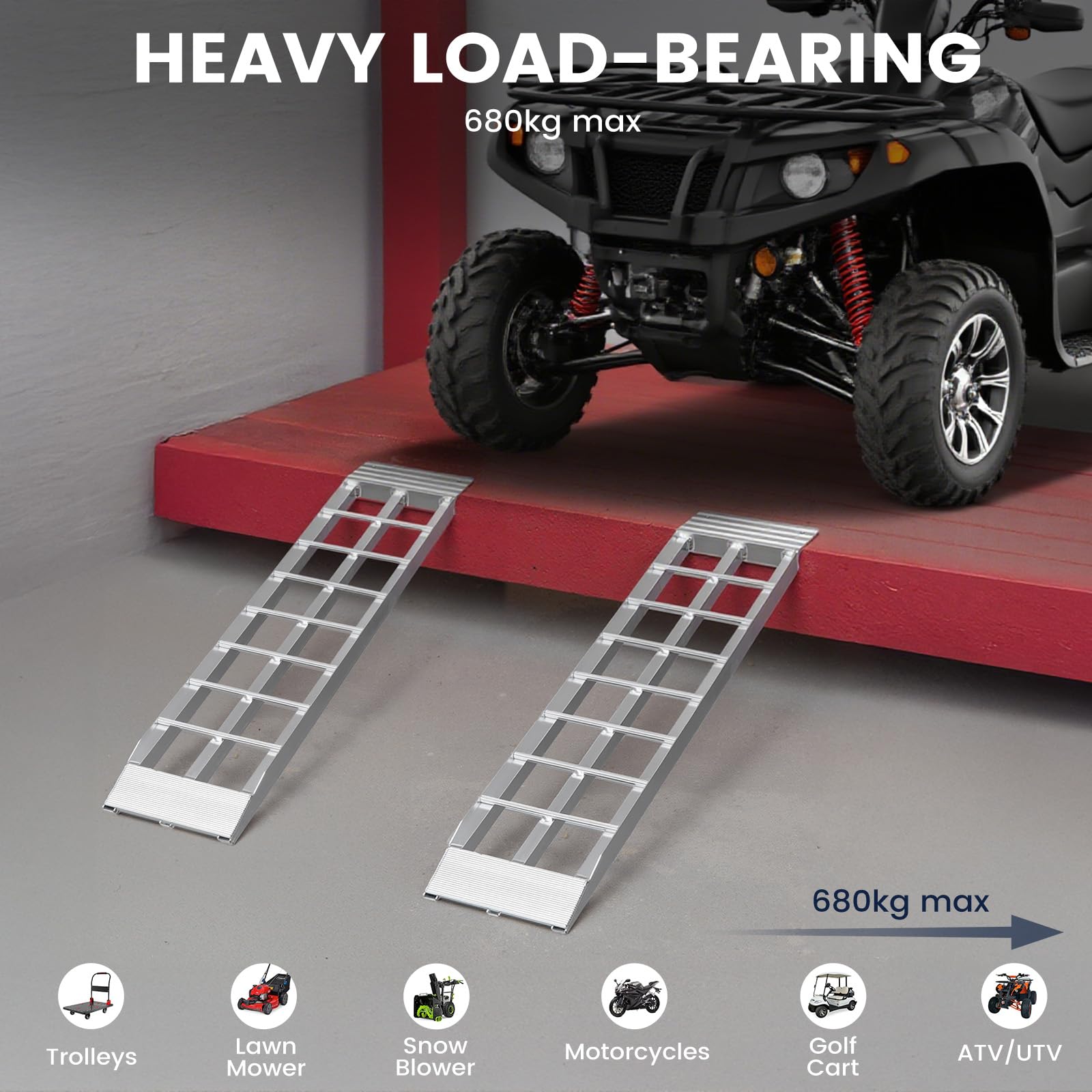 2X Auffahrrampe Alu Laderampen - 680kg max - Auto Laderampe Für Motorrad, Rasenmäher, Quad, Schneefräse, Garage & Geräteschuppen, 92x20 cm