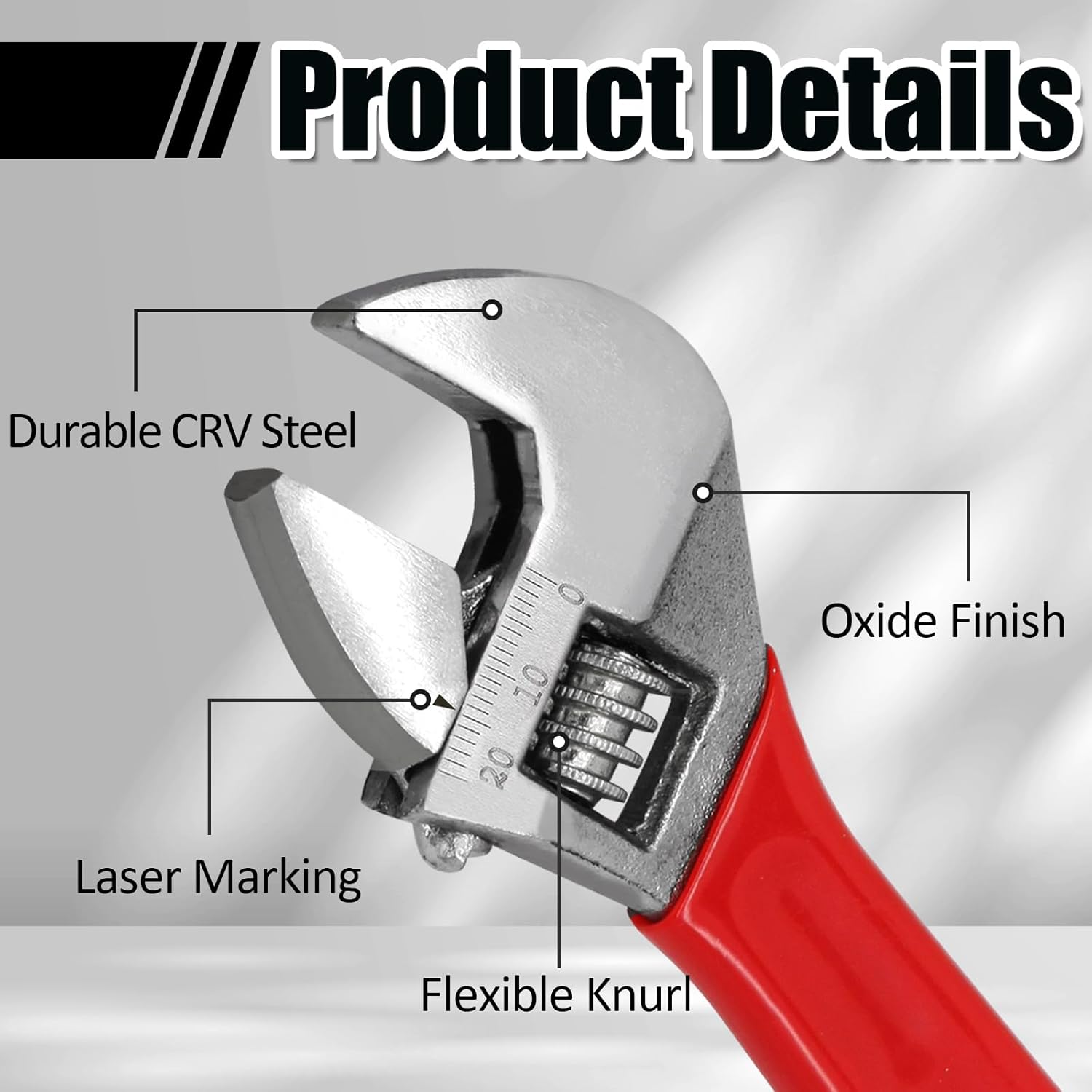 6 Inch Adjustable Wrench, Wide Jaw Black Oxide Wrench, Cr-V Steel with Cushion Grip, Metric & SAE Scales for Workshop, Home, Garage and Professionals