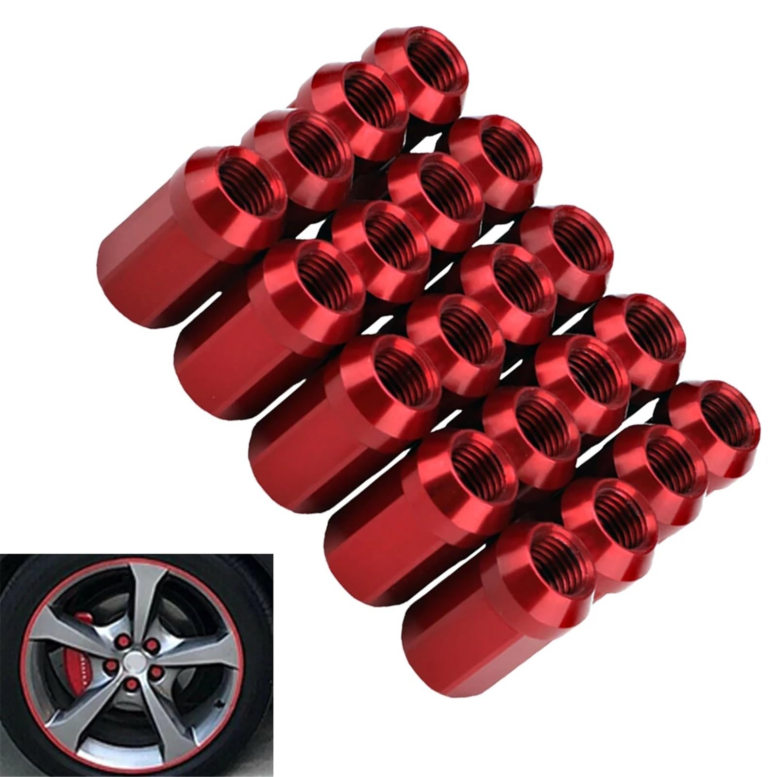 Auto Rad Zubehör Kompatibel Mit Hyundai 20 Stück Radmuttern M12 x 1,5, Radmuttern, Sechskant, 19 mm, geschlossenes Ende, Kegelbasis, Autozubehör(Red)