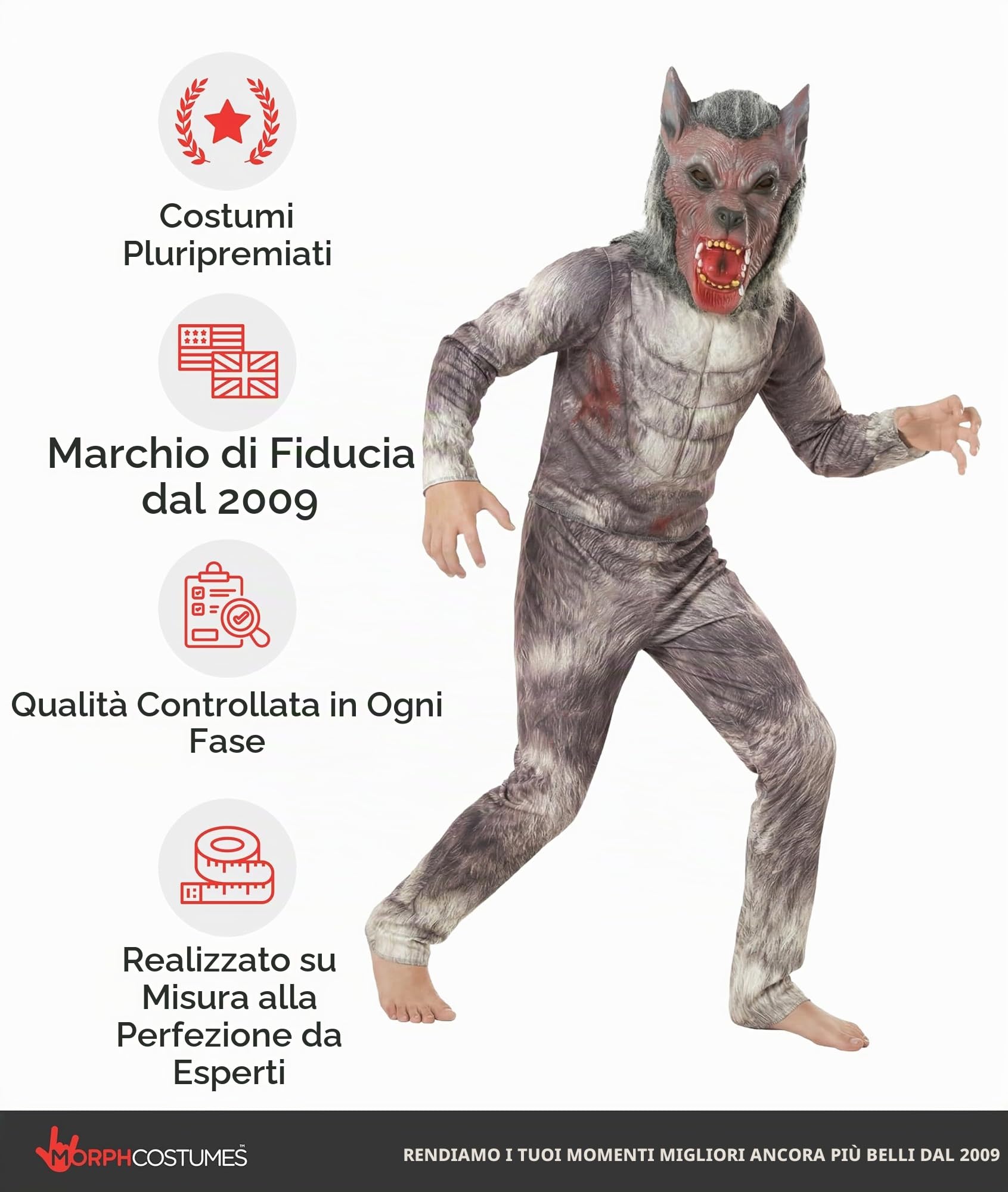 Morph Costume Lupo Mannaro Bambino - Vestito Halloween per Bambina e Bambino, Abito da Lupo Mannaro per Feste e Party, M