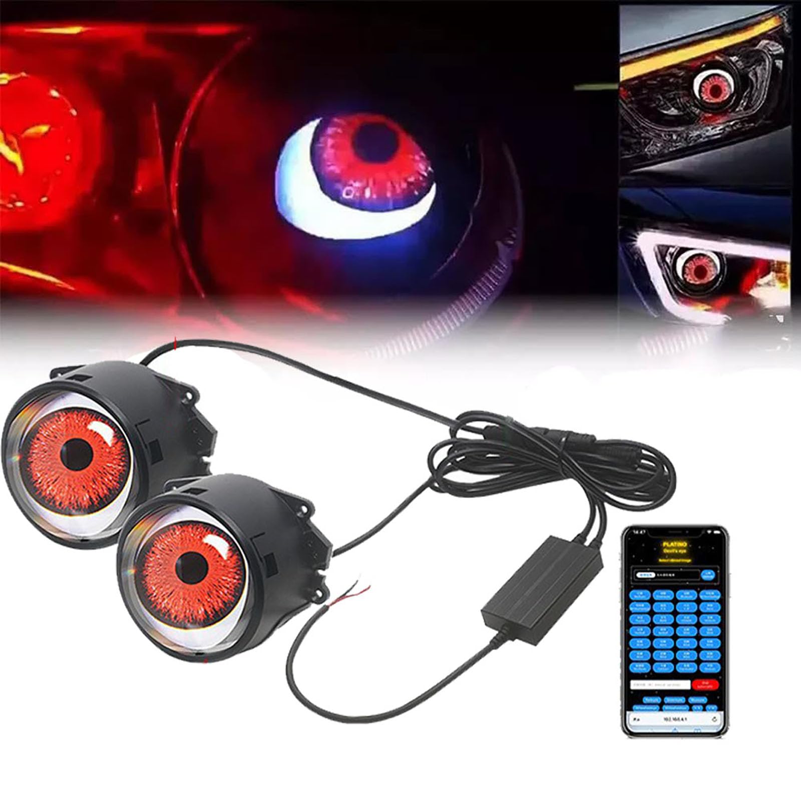Demon Eye Headlights - Dynamic Devil Evil Eye LED Lights, 12V Wifi Control, USB Compatible - Car Headlight Upgrade (2 Pack)