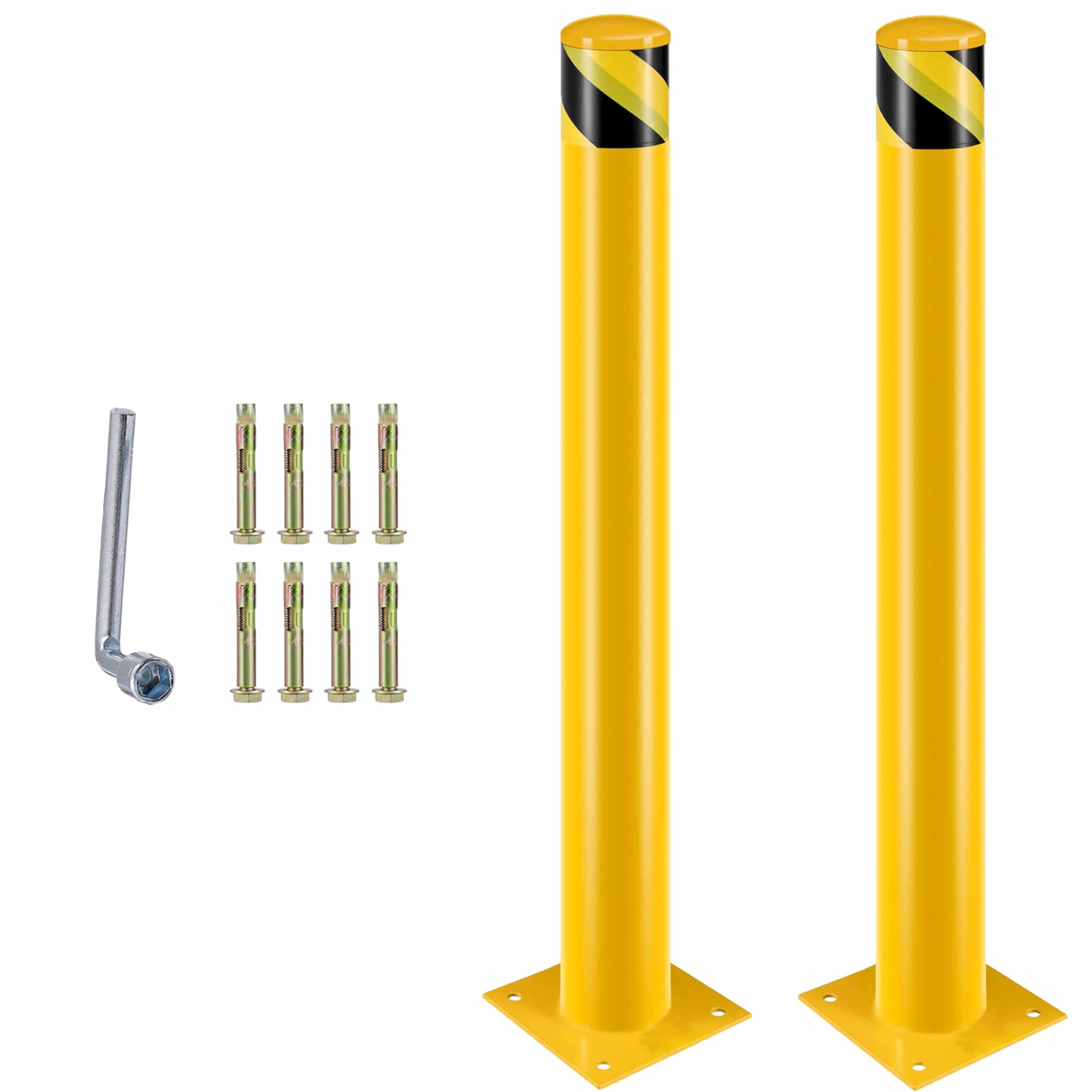 Safety Bollard, 48-Inch Tall Steel Safety Bollard with 4.5-Inch Diameter, Yellow-Painted Steel, Equipped with 8 Anchor Bolts for Stability,Ideal for Traffic-Sensitive Zones(48inch 2 PCS).