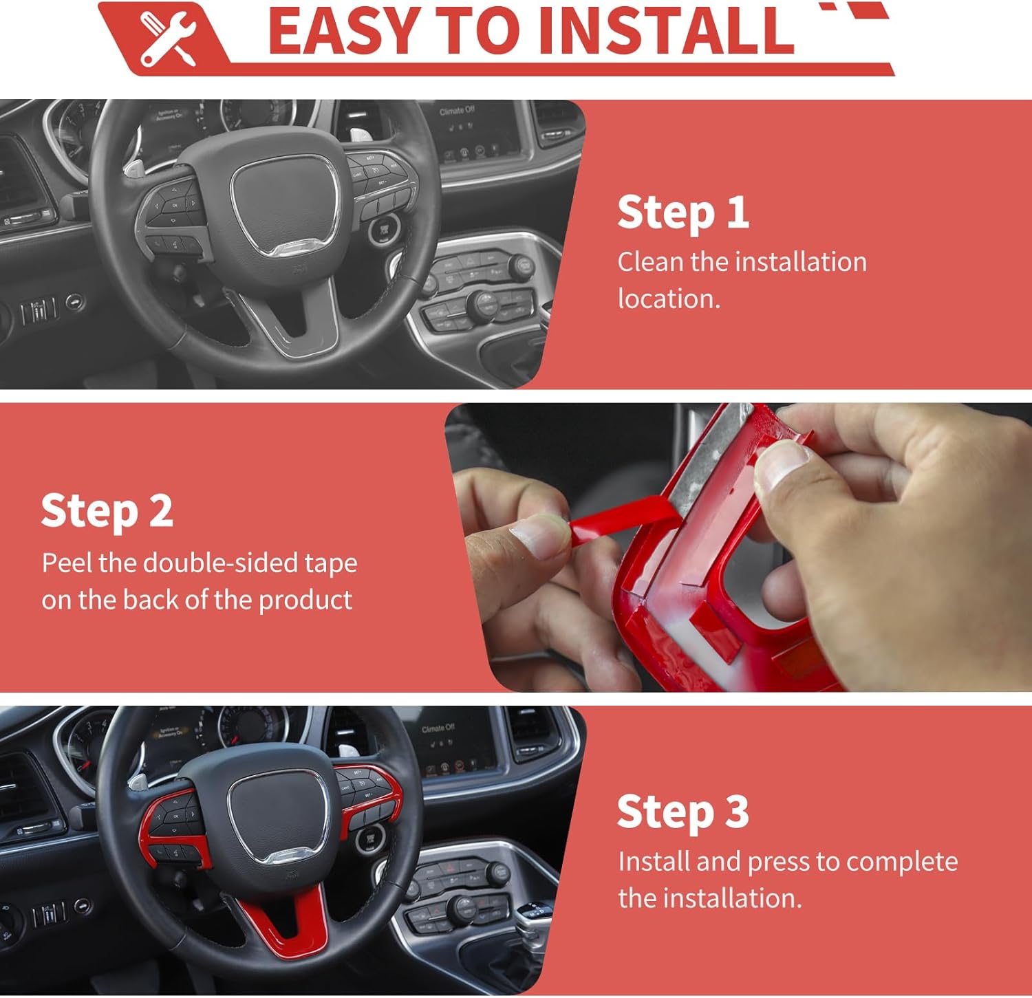 Steering Wheel Shift Paddle Extended Shifter Trim AC Radio Knob Covers Kit fit for Dodge Charger Challenger 2015+ Interior Accessories,Red