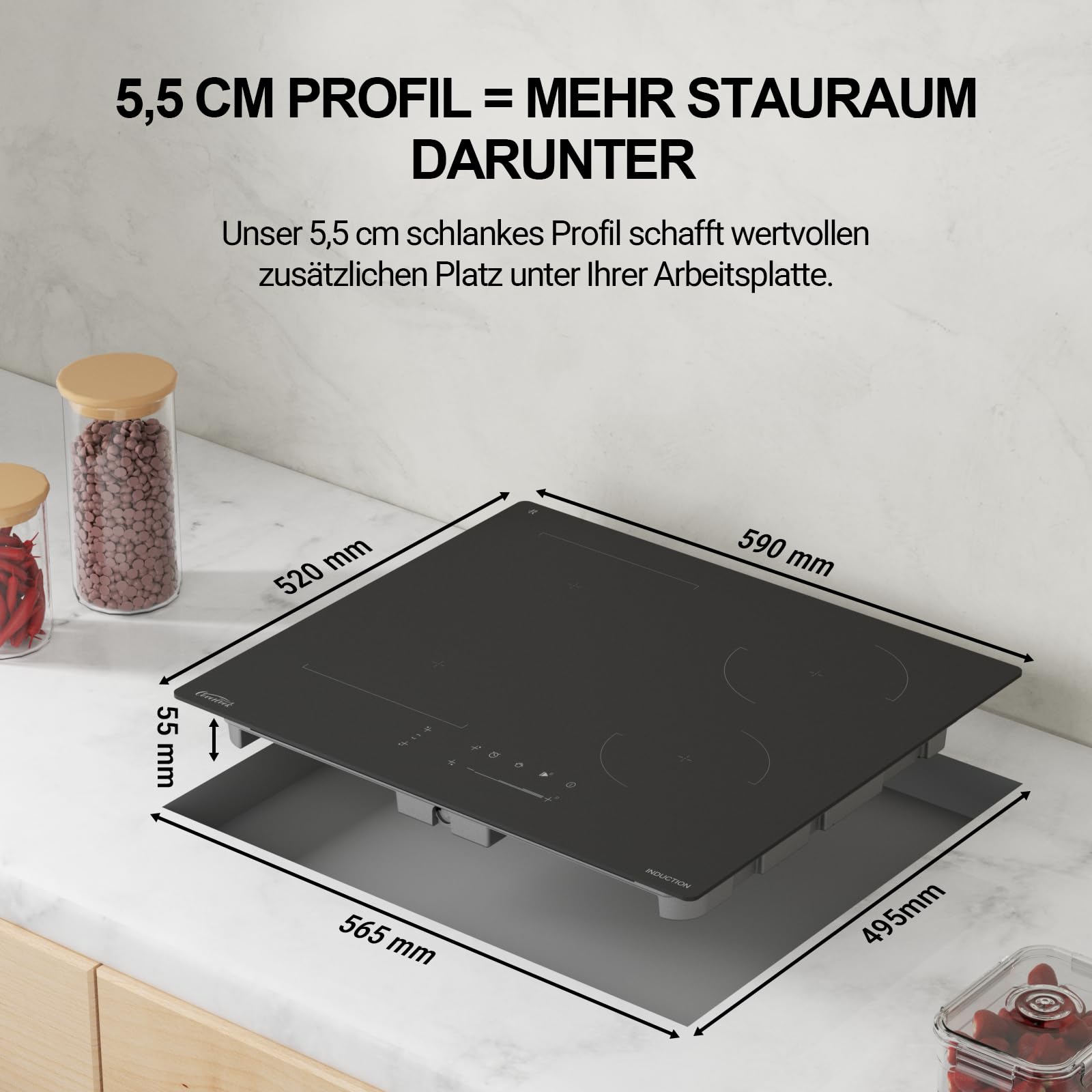 Induktionskochfeld, 60 cm, Glaskeramik, Schwarz, 4 Kochzonen, Touch Control, 7000W, Eingebaut, Timer, Warmhaltefunktion, Brückenzone, Kratzfestes Glas