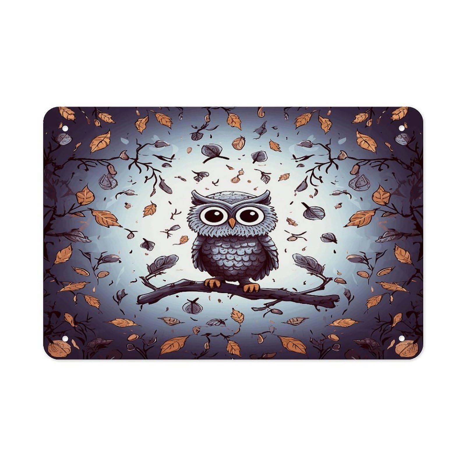 Owl Tree Branches Metal Tin Sign 12"x8" Wall Art Prints Poster Decorative Picture Metal Signboard Decor Painting Folded Edge Iron Sheet Painting with Holes for Wall Decor