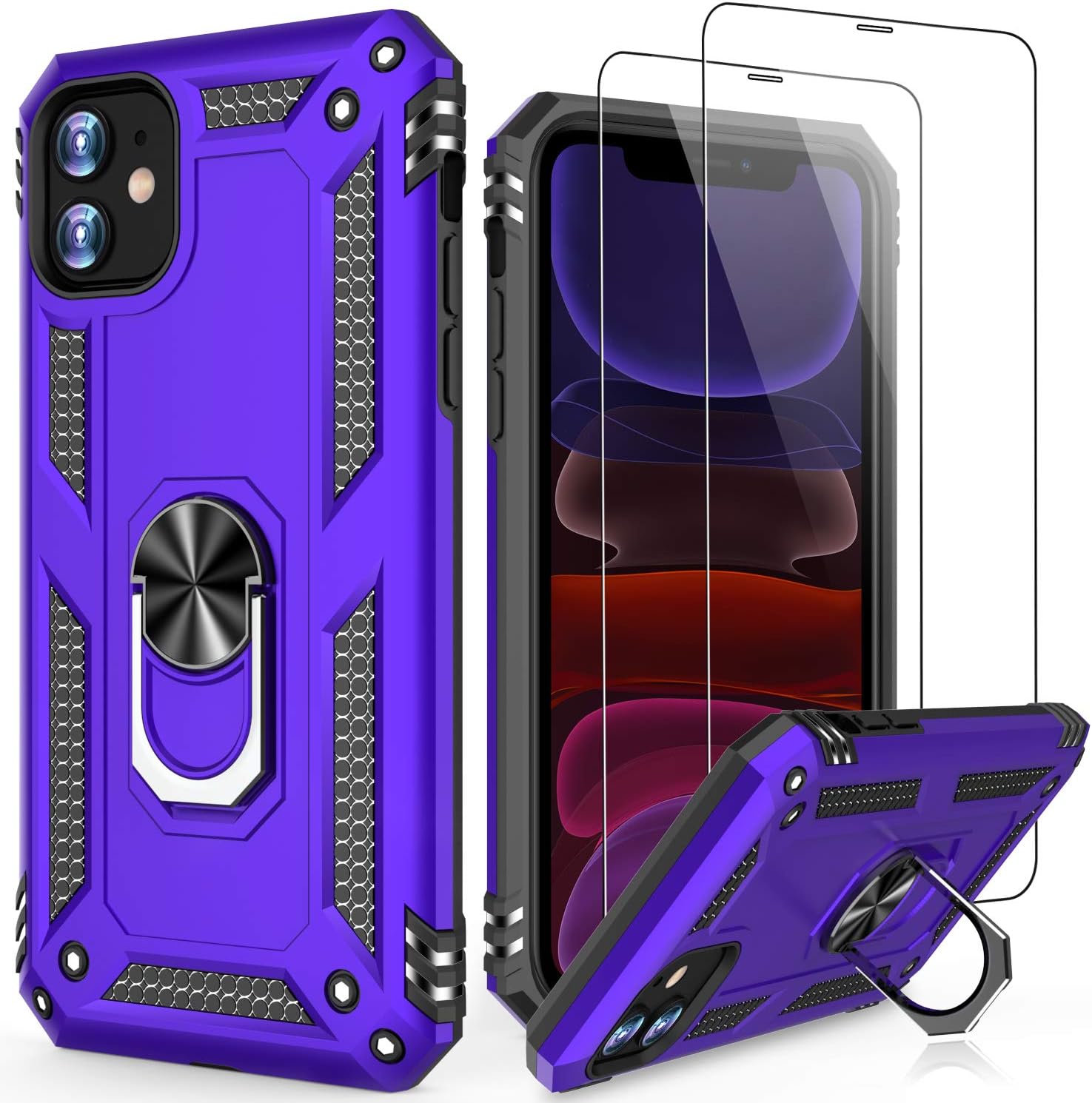 LUMARKE iPhone 11 Case with Tempered Glass Sreen Protector,Pass 16ft Drop Test Military Grade Heavy Duty Cover with Magnetic Kickstand,Protective Phone Case for iPhone 11 6.1" Purple