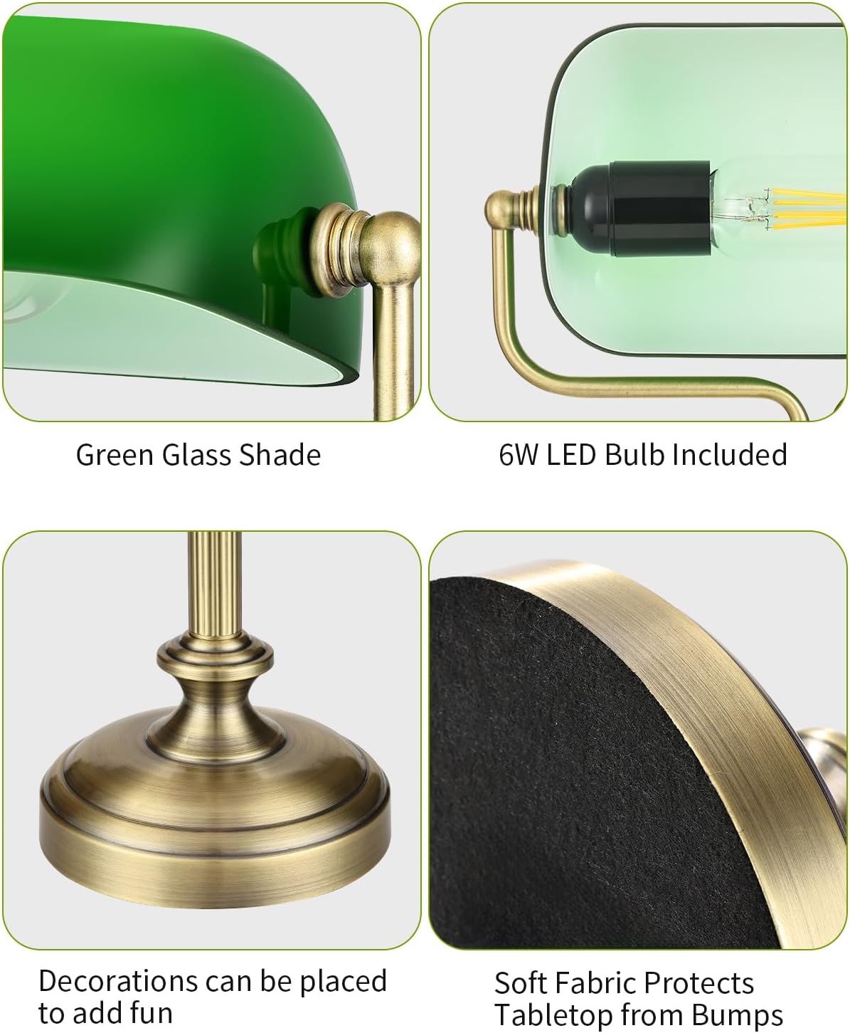 Vintage Banker Lamp, Green Glass, Touch Control, 3-Way Dimmable, LED 6W, Brass Finish (Antique Brass+Green+Touch)