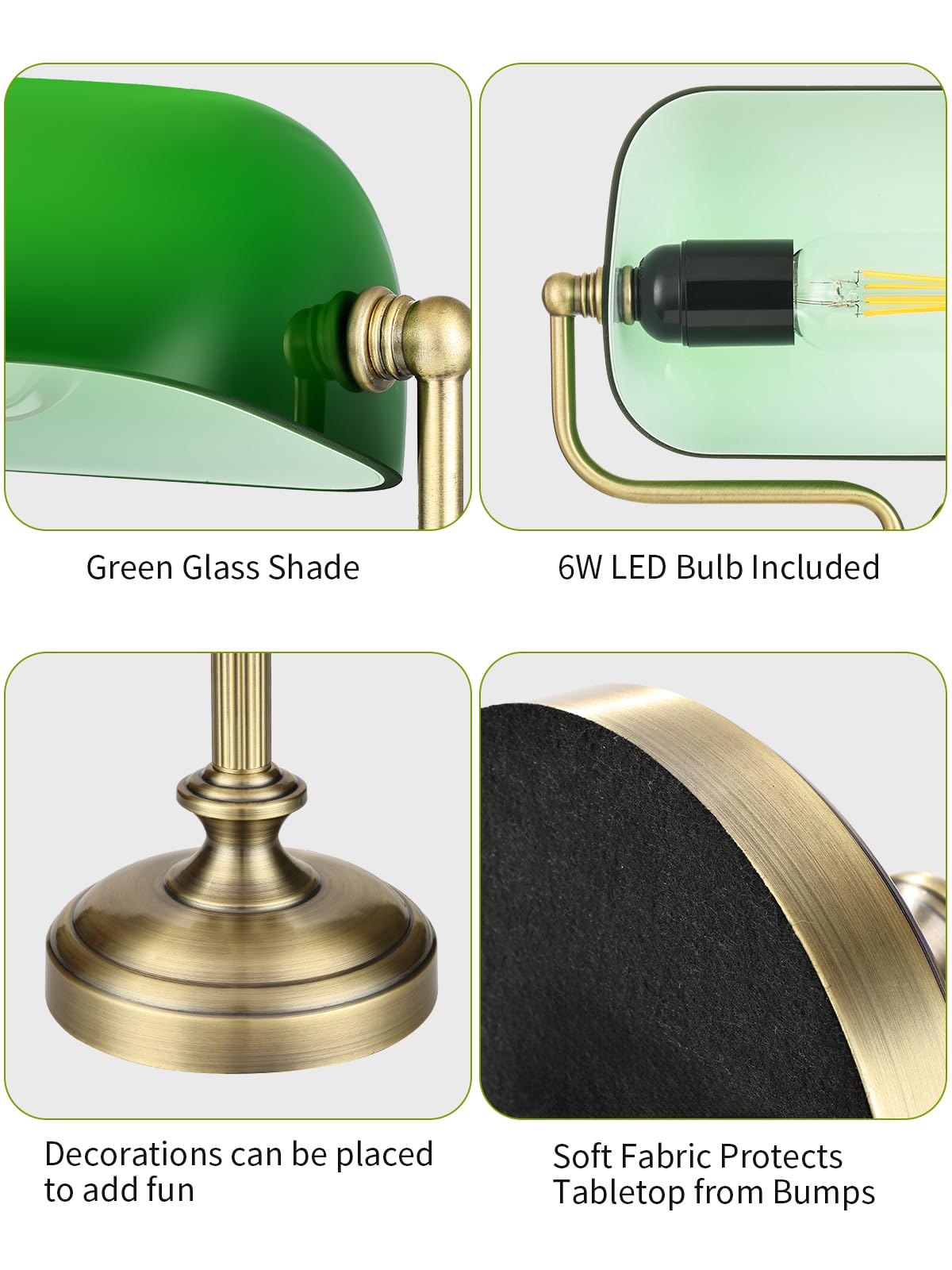 Green Bankers Lampe de bureau, abat-jour en verre réglable, lampe vintage avec interrupteur tactile pour bureau à domicile, lampe piano, ampoule LED 6 W incluse