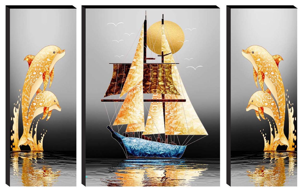 SAF paintings Set of 3 Dolphin with Ship Modern Art UV Textured Home Decorative Gift Item Self Adeshive Painting 18 Inch X 12 Inch SANFJM30985
