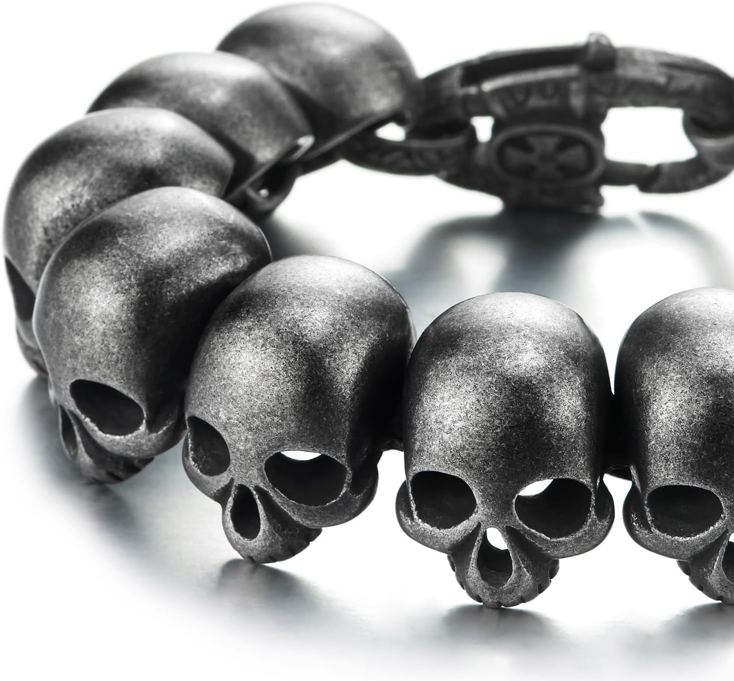 COOLSTEELANDBEYOND Mens Stainless Steel Large Skull Link Bracelet Biker Gothic Style, Old Metal Treatment