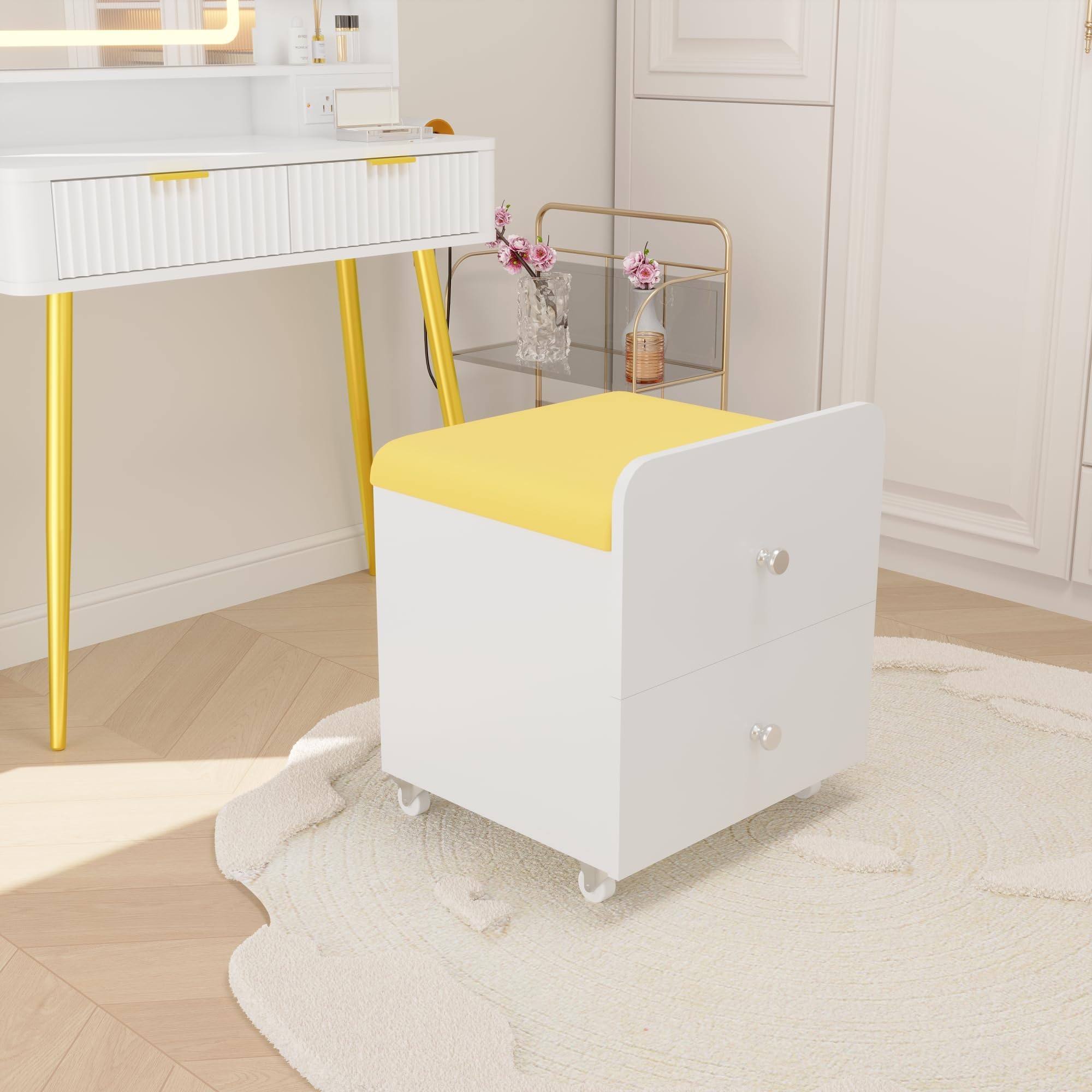 Zstar Moderner Schminktisch-Hocker mit Stauraum – Gepolsterter PU-Stuhl mit Schublade & Rollen, multifunktional als Sitzbank oder Fußhocker, platzsparend & elegant – Farbe: Gelb+Weiß