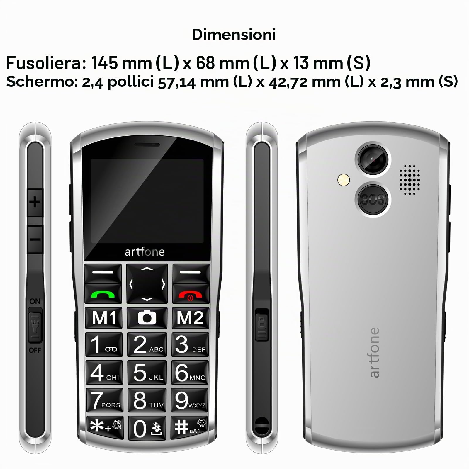 artfone A400 Pro 4G Telefono Cellulare per Anziani con Tasti Grandi丨Funzione SOS丨Chiamata Rapida丨Volume Alto丨Base di Ricarica丨Funzione di orario丨Doppia SIM丨Fotocamera丨Batteria da 1800 mAh - Argento