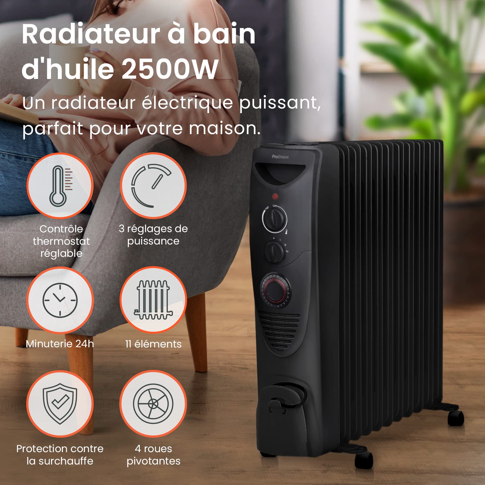 Pro Breeze Radiateur à bain d'huile 2500W, 11 éléments - Chauffage électrique portable avec Minuterie intégrée, 3 niveaux de chaleur, Thermostat réglable, Caractéristiques de sécurité intégrées - Noir