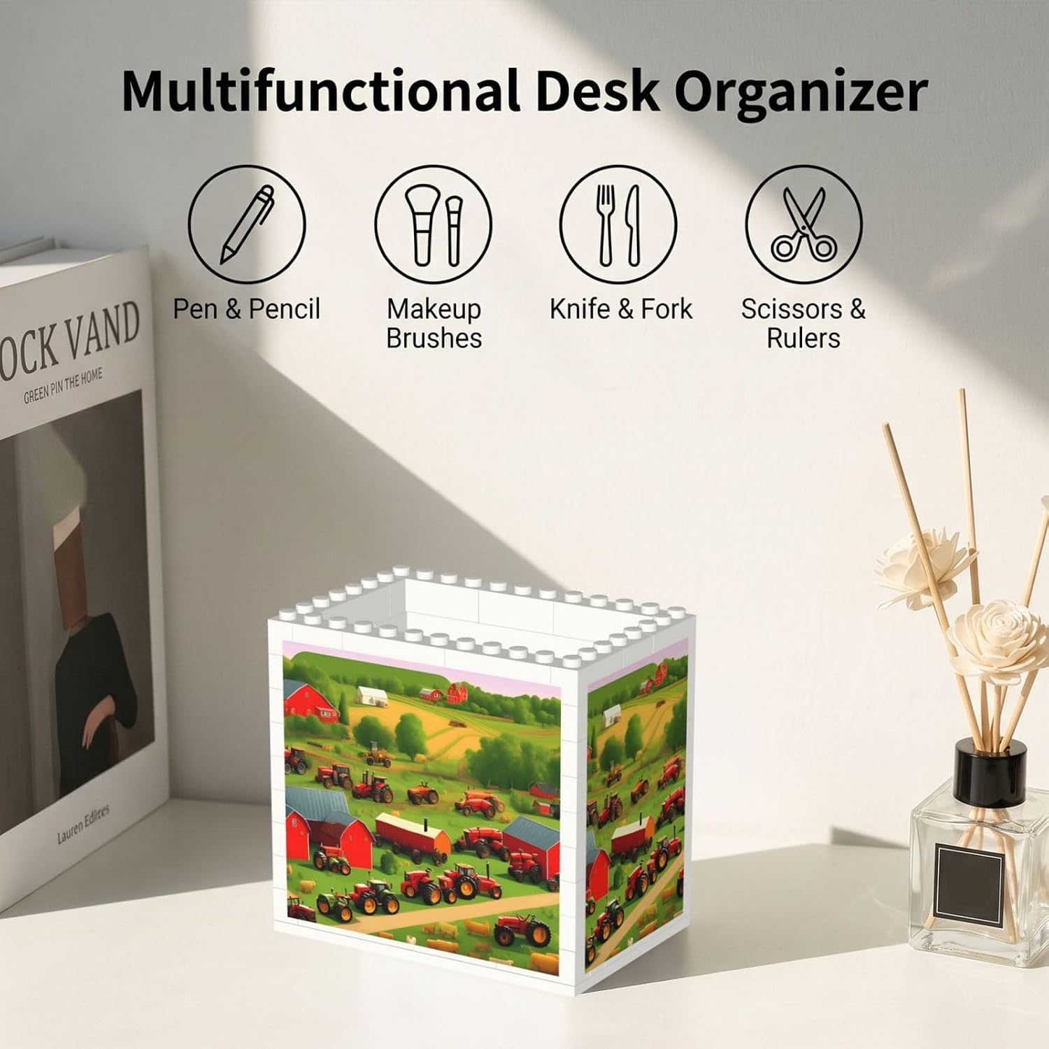Tractor Farm Print Uv Print Block Pencil Cup, Detachable Creative Block Desk Organizer Office Abs Pen Holder image 5
