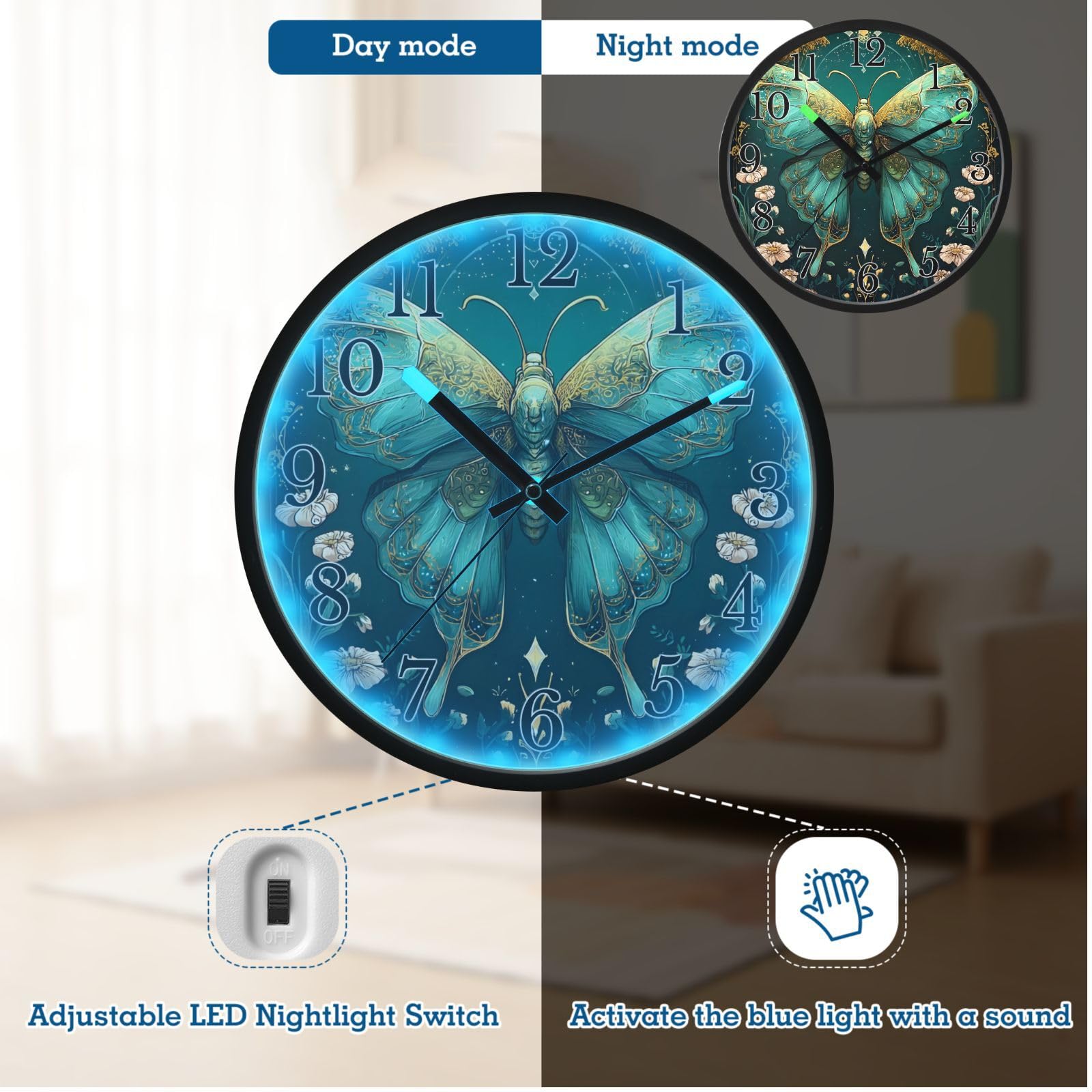 Mnsruu Reloj de pared luminoso con diseño de luna, polilla, flores, bosque verde, reloj de pared que brilla en la oscuridad, funciona con pilas, silencioso, sin tictac, luz nocturna para dormitorio