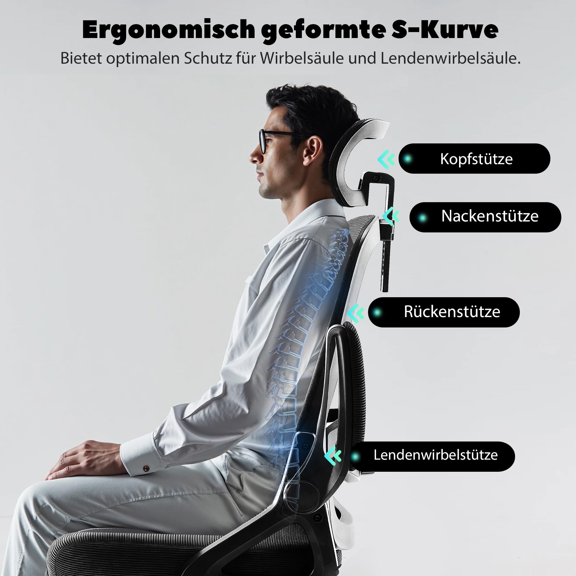 Fizzin Schwarz Ergonomischer Bürostuhl Gaming Stuhl 180kg | Atmungsaktiver Mesh Schreibtischstuhl mit Verstellbarer Lendenstütze & Kopfstütze für Büro & Home Office