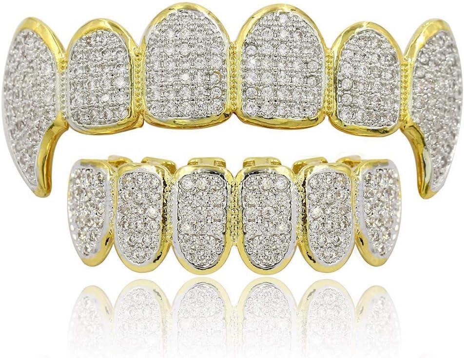 Hip Hop Unisex 18K Gold Plated Iced Out CZ Simulated Diamond Top Bottom Teeth Grillz Set for Men Women