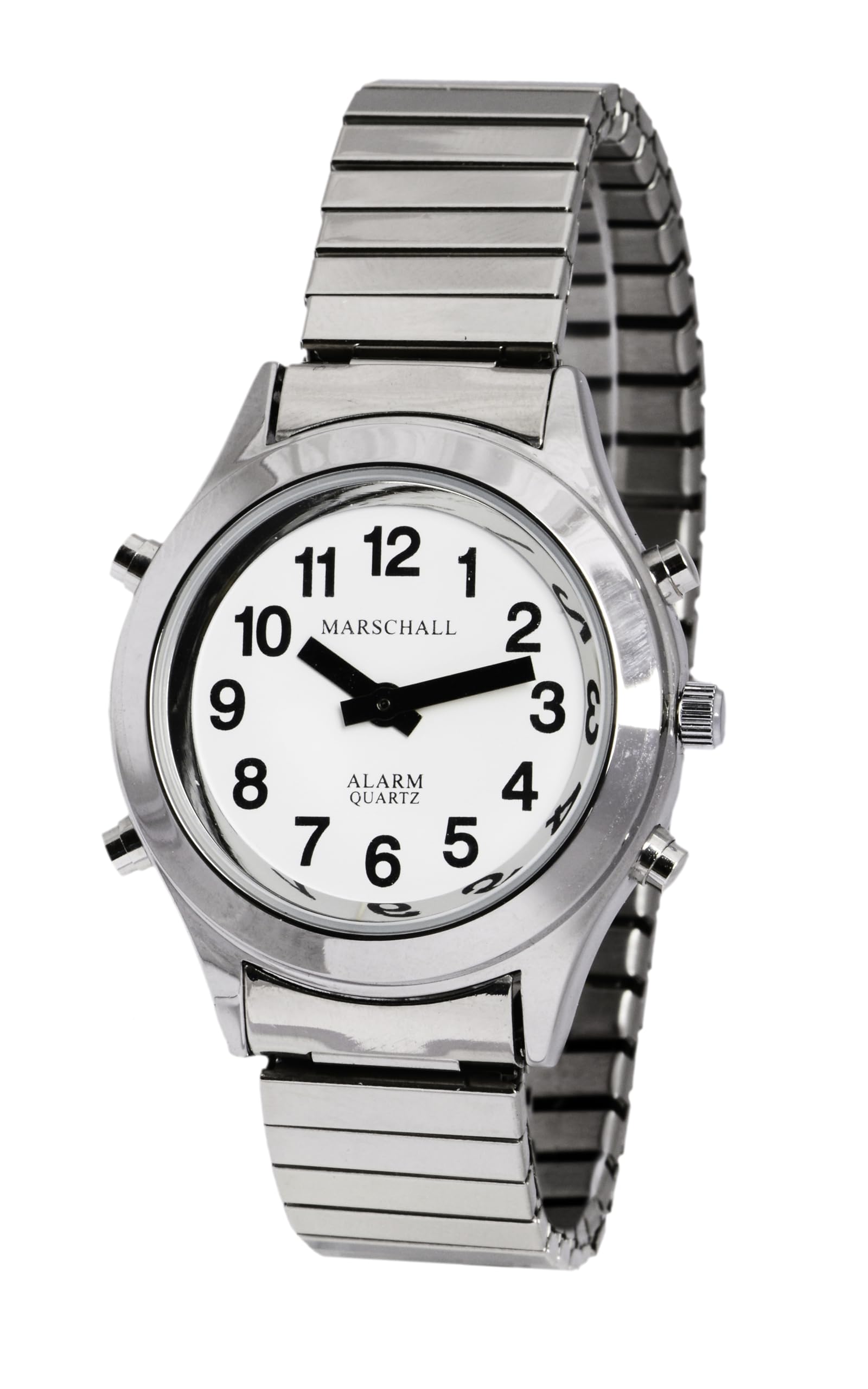 Marschall Deutsch sprechende Herren Armbanduhr I H-SM I Für Blinde, Senioren und Sehbehinderte I Komplette Datumsansage I Extra große Zeiger I Silberfarben mit Metallzugarmband