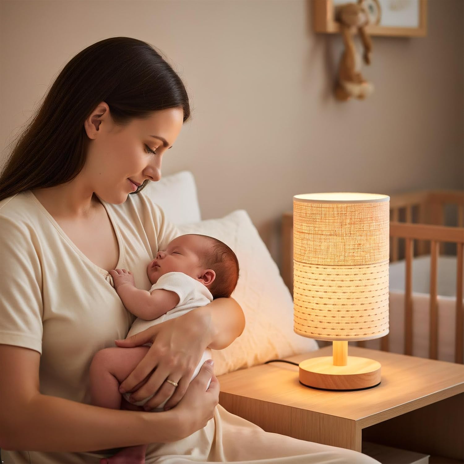 AFORTLO Table Desk Lamp, Small Fabric Boho Decorative Nightstand Night Light Solid Wood Base Lamp for Bedroom,Living Room,End Table or Office with Bulb (Brown Knit Fabric)