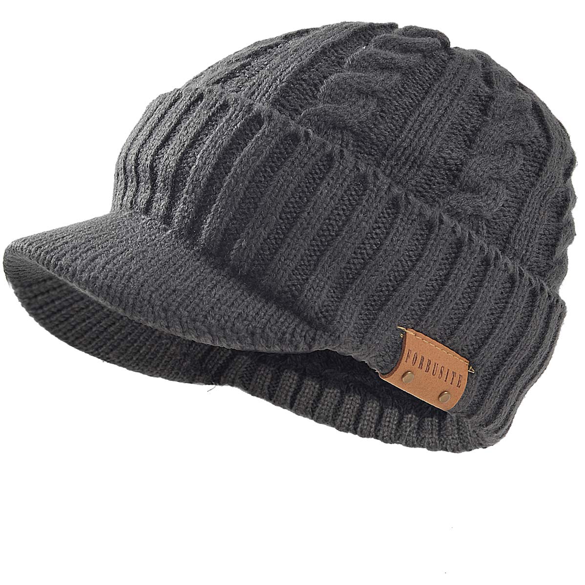 FORBUSITE Cable Visor Beanie Men Knit Winter Hats Grey