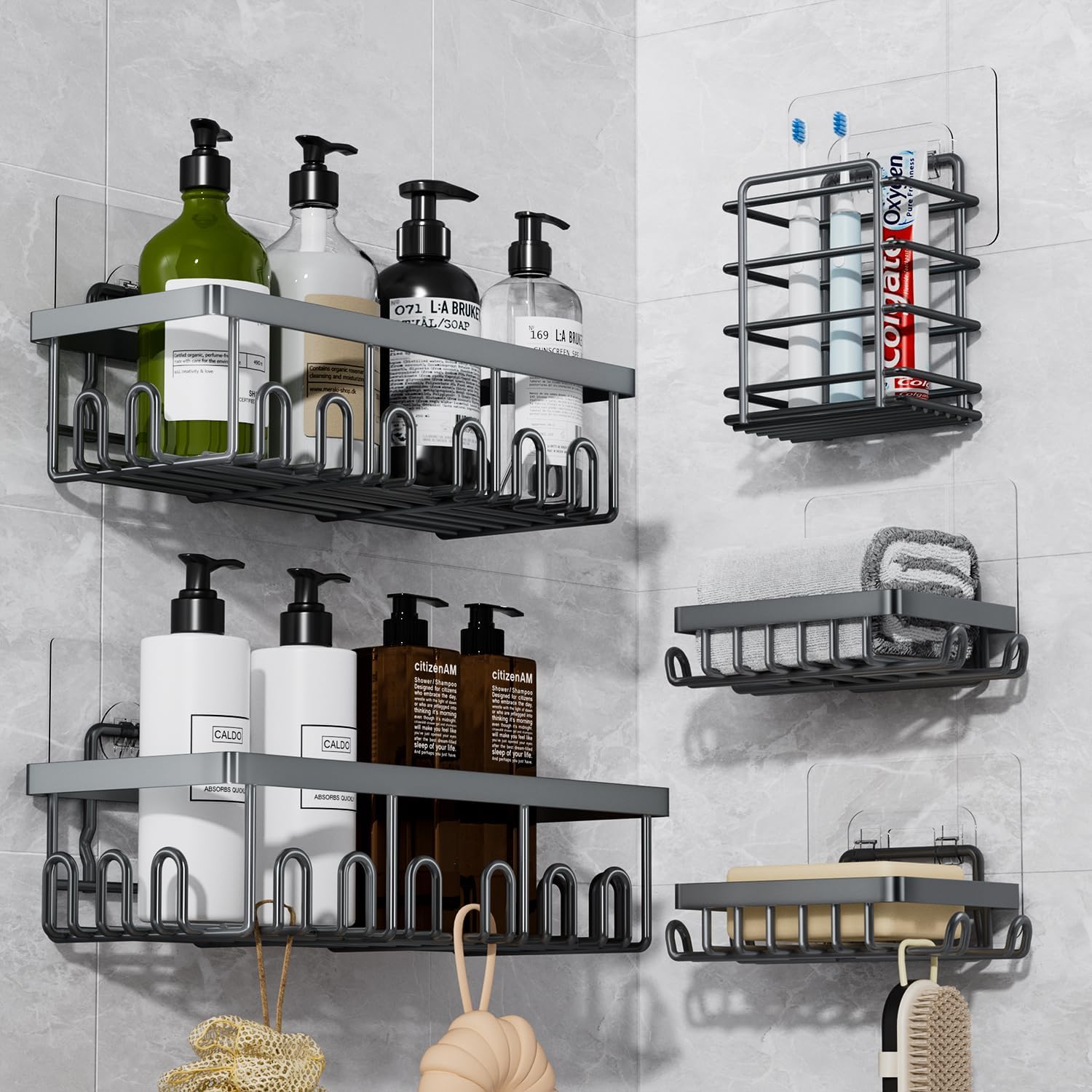 5-Pack Adhesive Shower Caddy, Rustproof Stainless Steel Organizer for Bathroom Storage with Large Capacity, No Drilling Bathroom Caddy with Soap Toothbrush Holder for Kitchen Home Grey