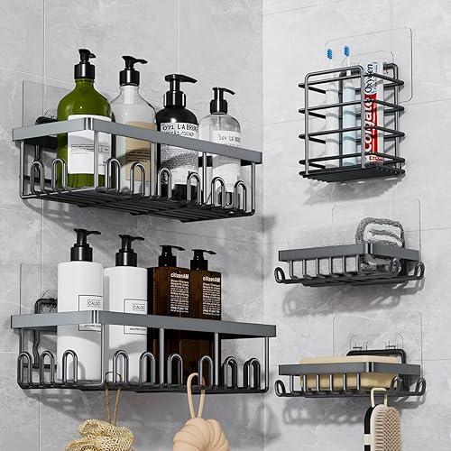 Miniatura 8 de Juego de 5 organizadores adhesivos para ducha, organizador de acero inoxidable a prueba de óxido para almacenamiento en el baño con gran capacidad