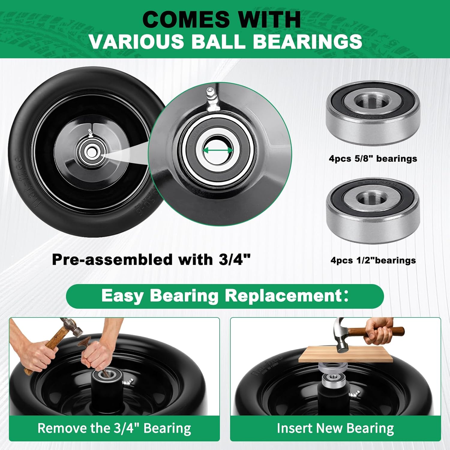 2pcs 13x6.50-6 Flat Free Lawn Mower Tires and Wheels, 13x6.5-6 Zero Turn Mower Front Tire With 3/4", 5/8", 1/2" Bearings, 5.6"- 8.7" Centered Hub, For Residential & Commercial Garden Lawn, Load 520LBS