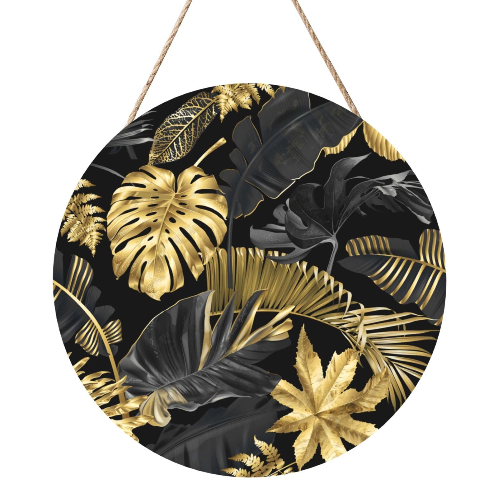 InOmak Gold Black Tropical Leaves, Round Wood Panel Painting 12 in, Wall Hanging Painting For Home
