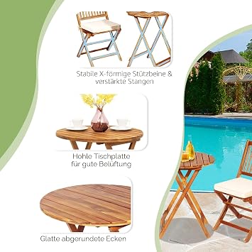 GIANTEX Balcony Furniture Small Balcony Round Bistro Table with 2 Chairs Foldable Garden Furniture Set Wood 3 Pieces Balcony Set Bistro Set Outdoor Patio Furniture 2 People Garden Furniture Set with Cushions