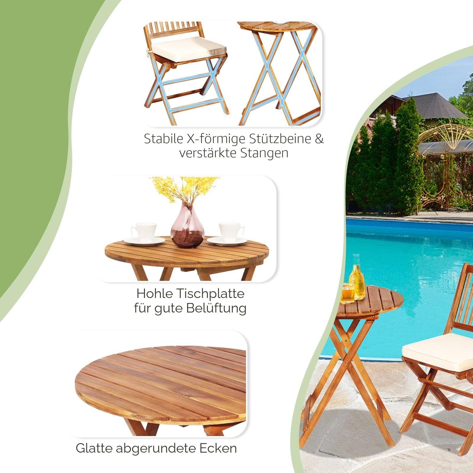 GIANTEX Balkonmöbel Kleiner Balkon, Runder Bistrotisch mit 2 Stühlen klappbar, Gartenmöbel Set Holz 3 teilig, Balkonset Bistroset Outdoor, Terrassenmöbel 2 Personen, Garten Sitzgruppe mit Kissen