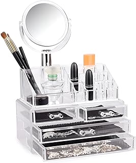 منظم مستحضرات التجميل الشفاف 4 درج مع المرآة - تصميم مدمج وأنيق لتخزين المكياج والمجوهرات بكل ترتيب، يضمن لك سهولة الوصول إلى مستحضراتك بفضل المادة الشفافة والمرآة المدمجة.