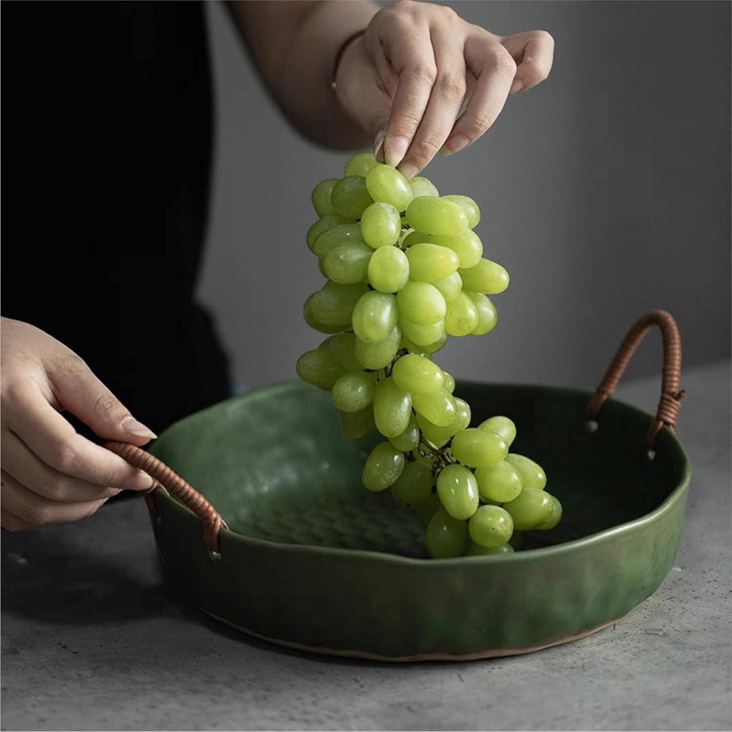 10" Ceramic Fruit Bowl with Woven Handles - Rustic Serving Dish with Speckled Glaze - Handcrafted Decorative Centerpiece Tray for Kitchen Counter (Green, 10 Inch)