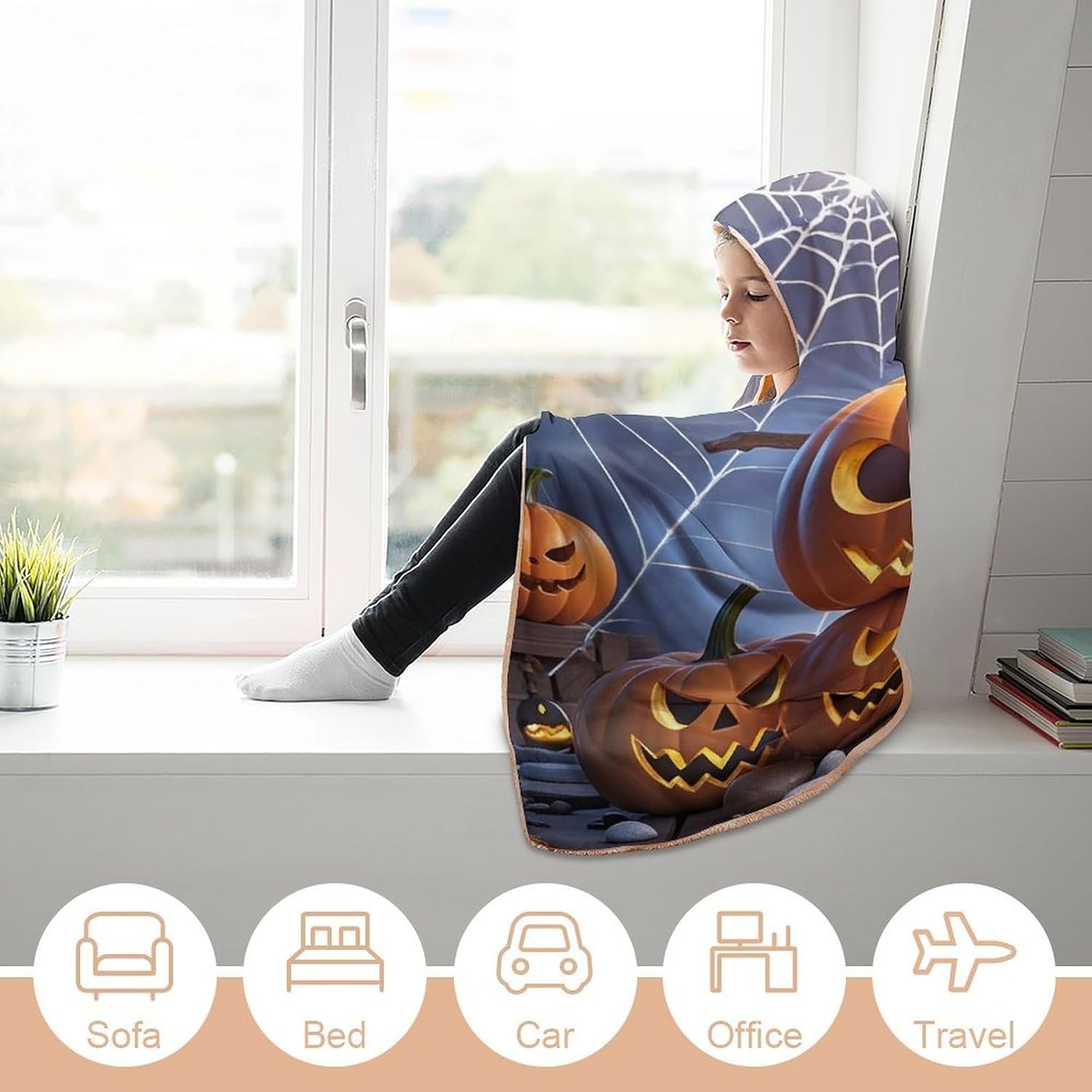 Pumpkin Spider Wearable Hooded Blanket, Ultra Soft Arctic Velvet Cape Cloak Unisex - Cozy Wearable Blanket