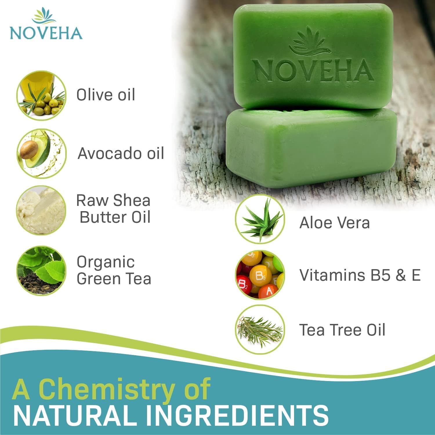 NOVEHA - Tea Tree Handmade Soap Bar | Therapeutic Skincare For Face, Eyelid Irritation, Itchy & Flaky Skin, Dryness, with Organic Ingredients, For All Skin Types, Cleanses & Moisturizes Face (6 Pack)
