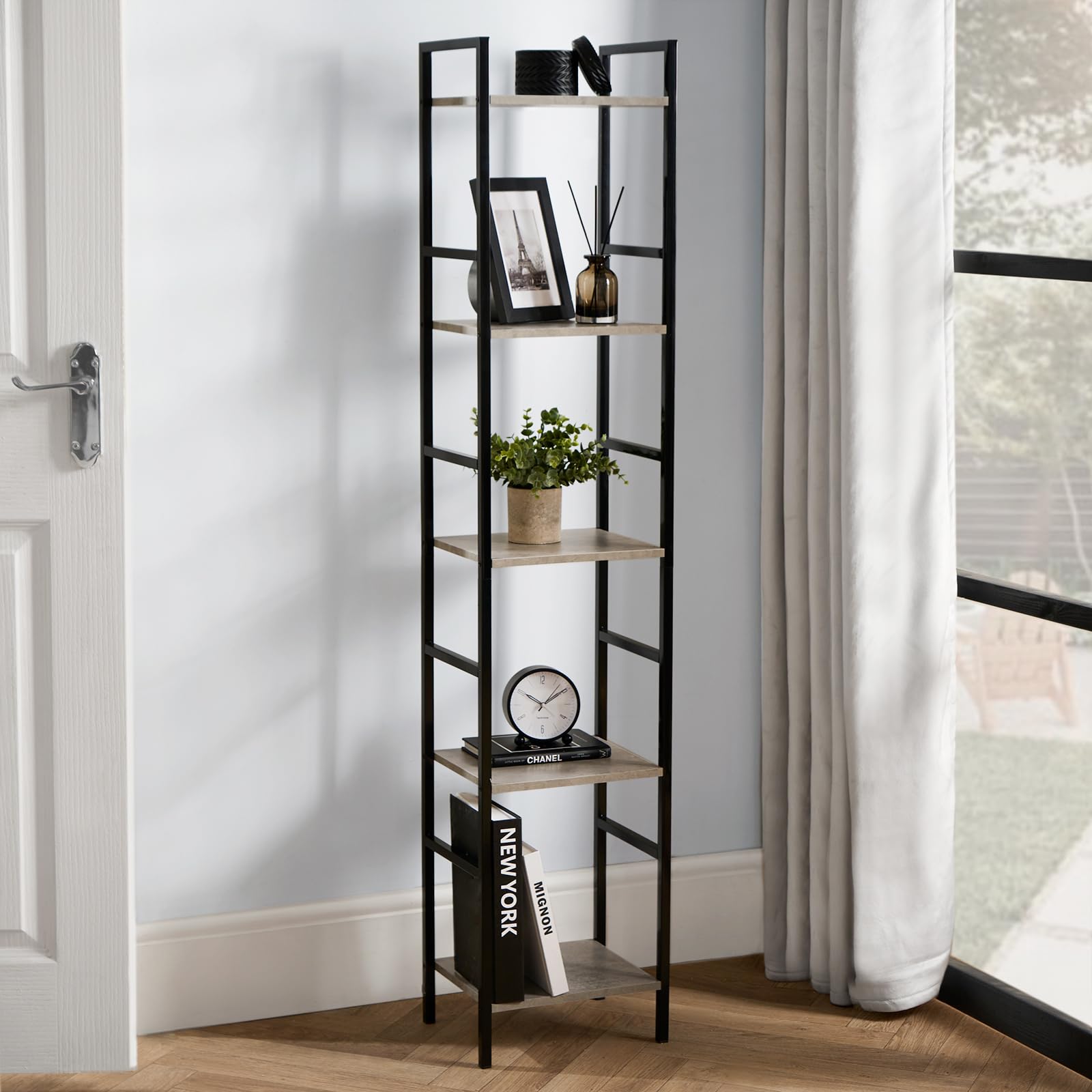 OHS 5 Tier Slim Shelving Unit, Industrial Bookcase Shelf Stand for Home Office Living Room Bedroom Bathroom Narrow Shelves Storage Unit with Metal Frames, Grey - 140 x 30 x 24cm โ image 1