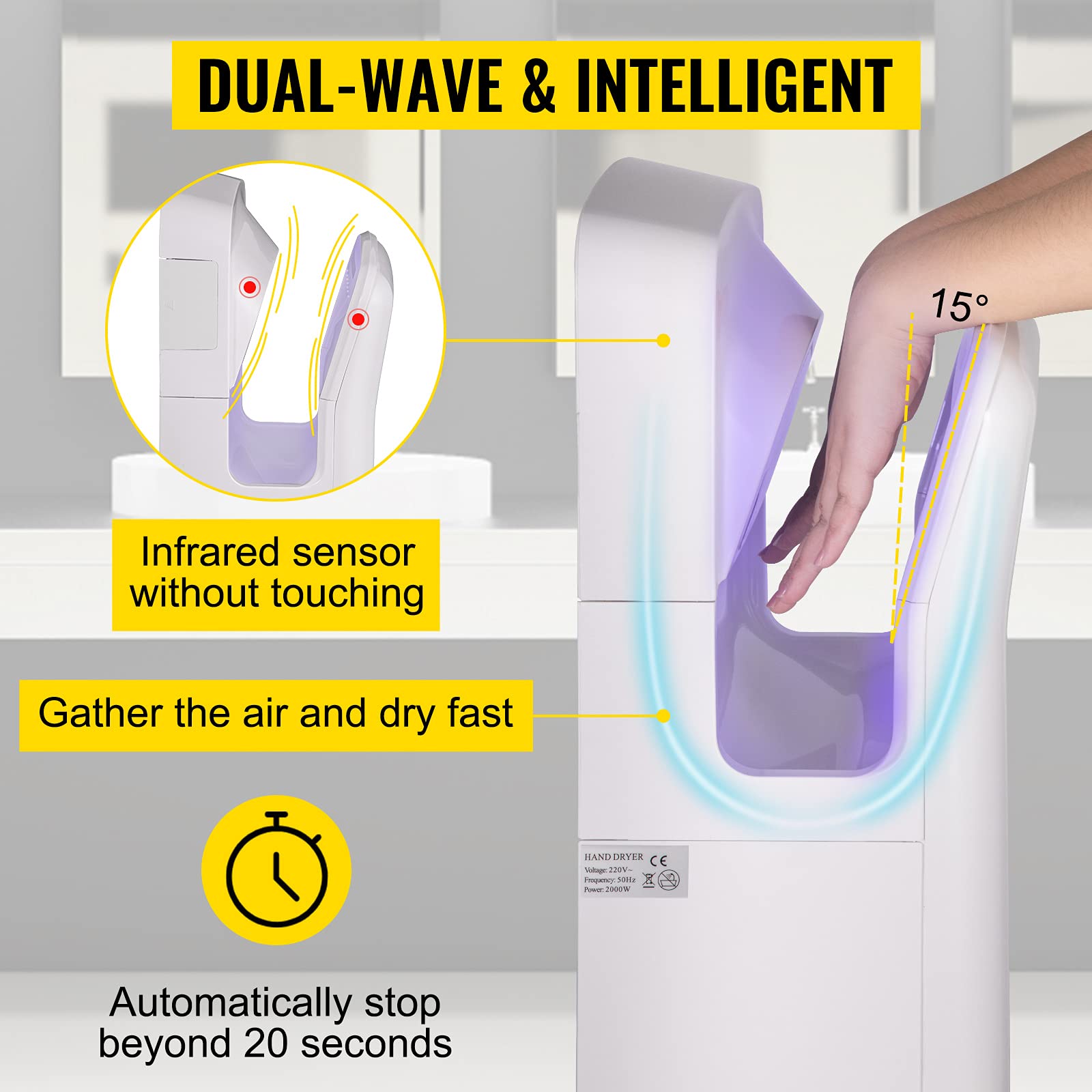 VEVOR Sèche-Mains Automatique 2000W Sèche Main Air Pulsé Électrique Commercial ABS Super Puissant Filtration HEPA 43℃ Moteur à Balais Carbone pour Sécher Séchage Mains Toilettes 290x220x685 mm Blanc